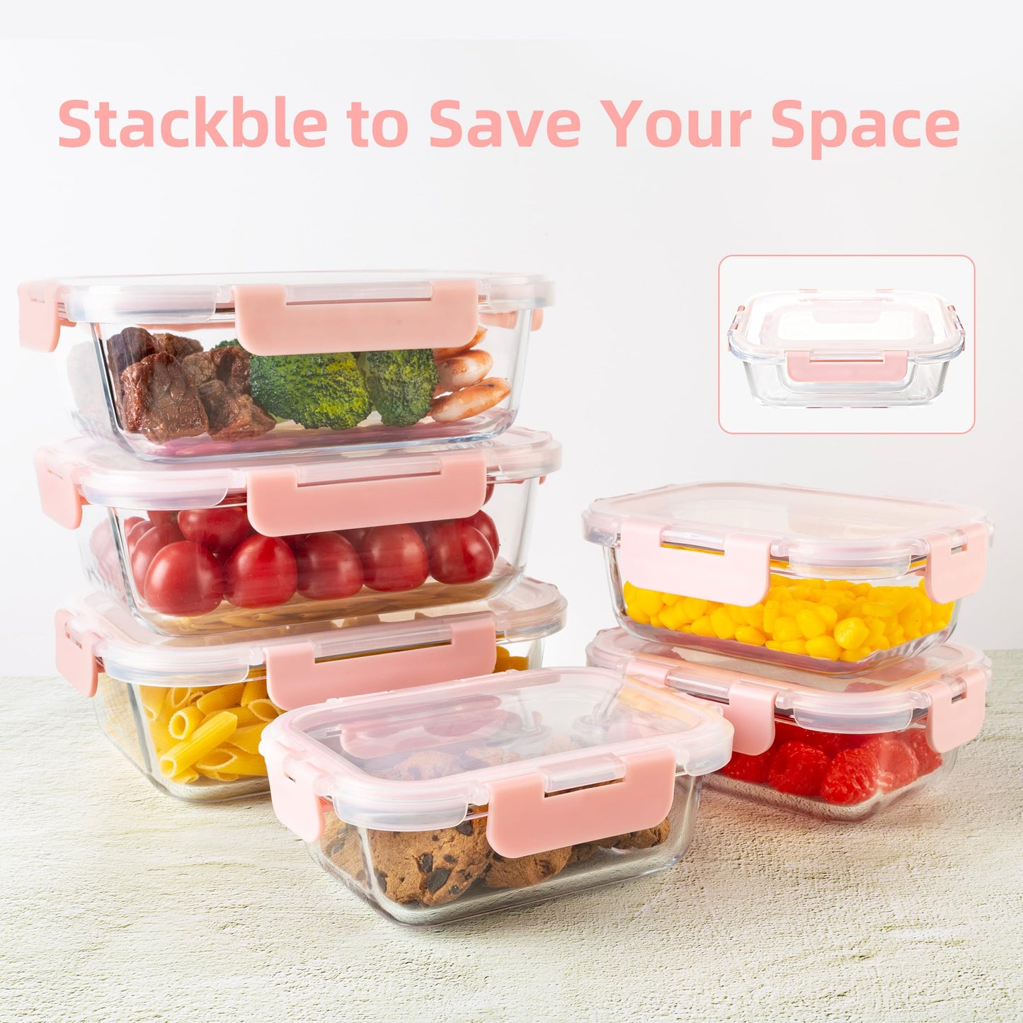 YARYOUNG 16PCS (8 Bowls + 8 Lids) High Borosilicate Glass Meal Prep Containers, Food Storage Containers with Airtight Lids, Glass Lunch Bento Boxes,Dishwasher Safe, pink