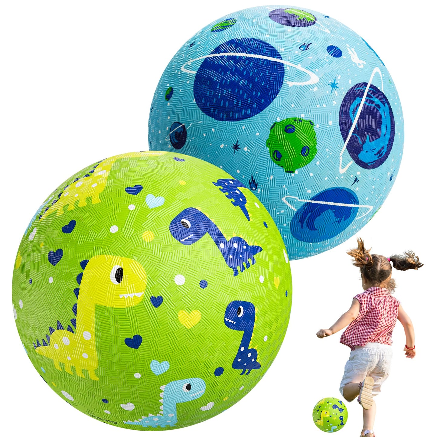 Playground Balls for Toddlers 1-3, 2 Pack 8.5 inch Kickball for Kids Outdoor Indoor, Catoon Dinosaur Planet Rubber Balls with Pump, Child Gift for Boys Girls 1-3 3-5 5-10, Easter Basket Stuffers