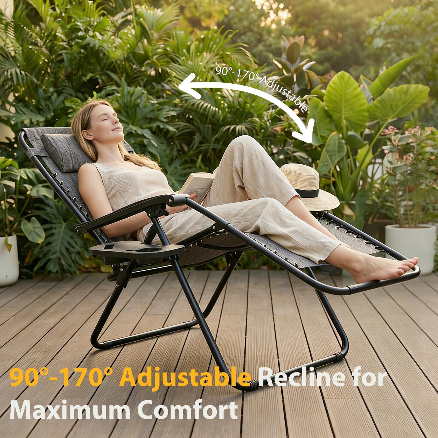 NEWBULIG Zero Gravity Chair Set of 2, Lounge Chair Folding Portable Adjustable Camping Reclining Chairs with Adjustable Pollow, Mesh Back, Cup Holder Trays Lawn Patio Chair for Pool Beach - Grey