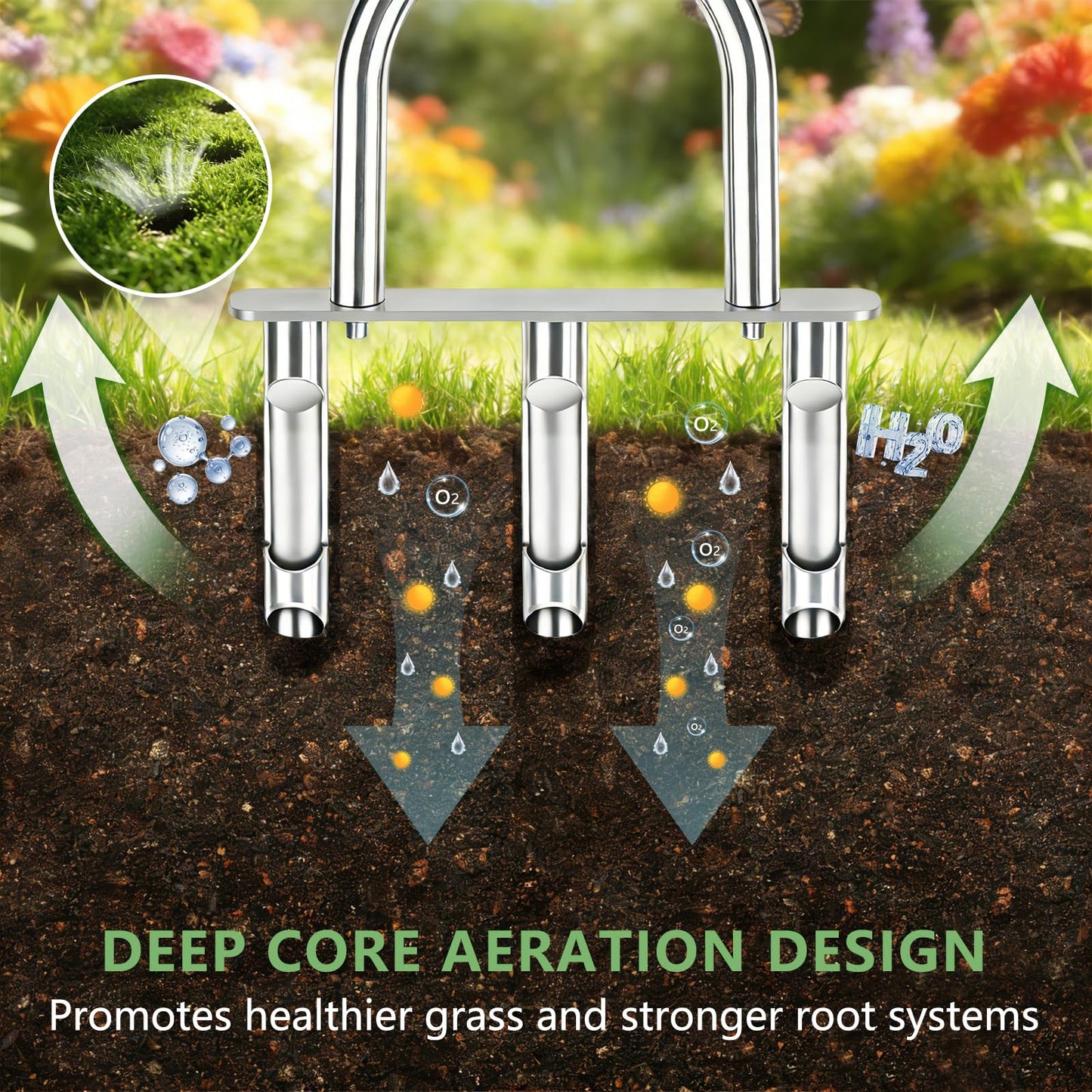 Manual Lawn Aerator Tool with 3 Hollow Tines, Adjustable Height Stainless Steel Core Aerator, Heavy Duty Plug Aerator for Lawn Soil Compaction Relief, Yard Aeration Tool