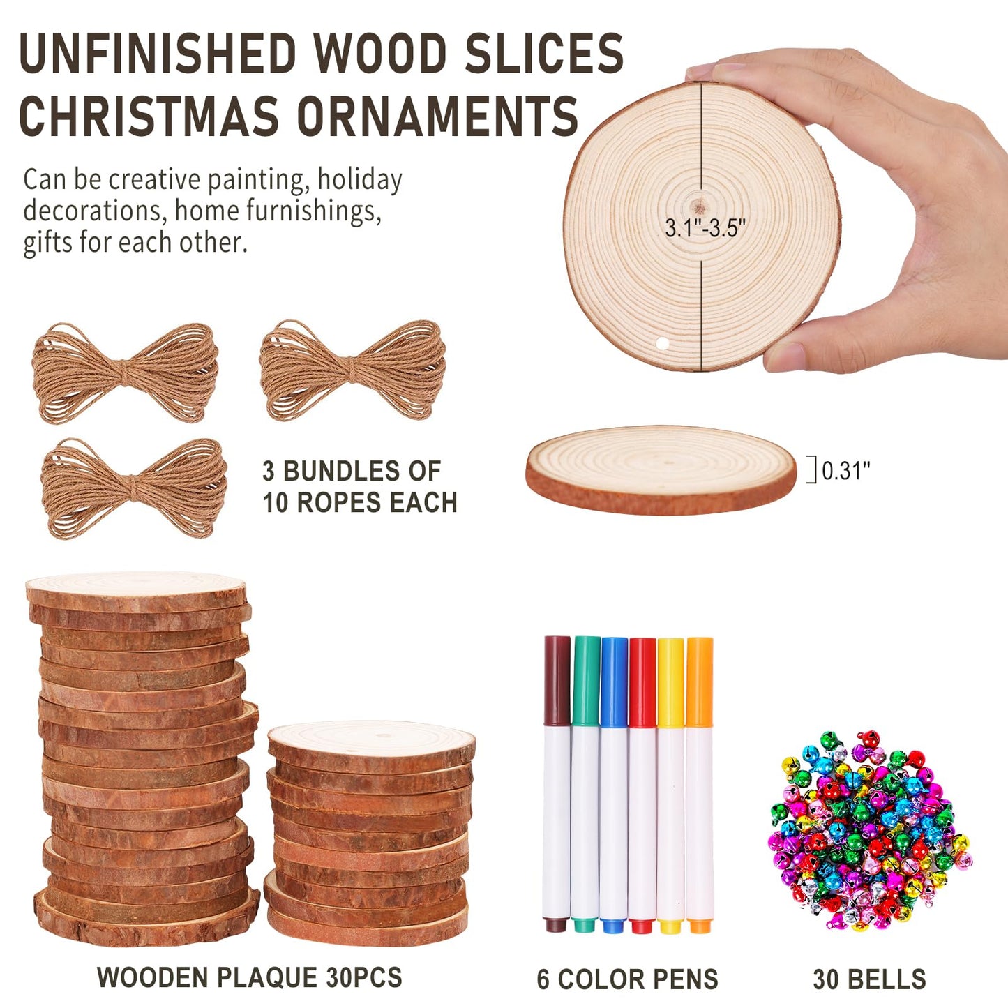 Max Fun Natural Wood Slices 30PCS 3.1-3.5'' Crafts DIY Wooden Christmas Ornaments Unfinished Predrilled Round Wood Circles for Arts and Crafts Centerpieces Holiday Hanging Decorations