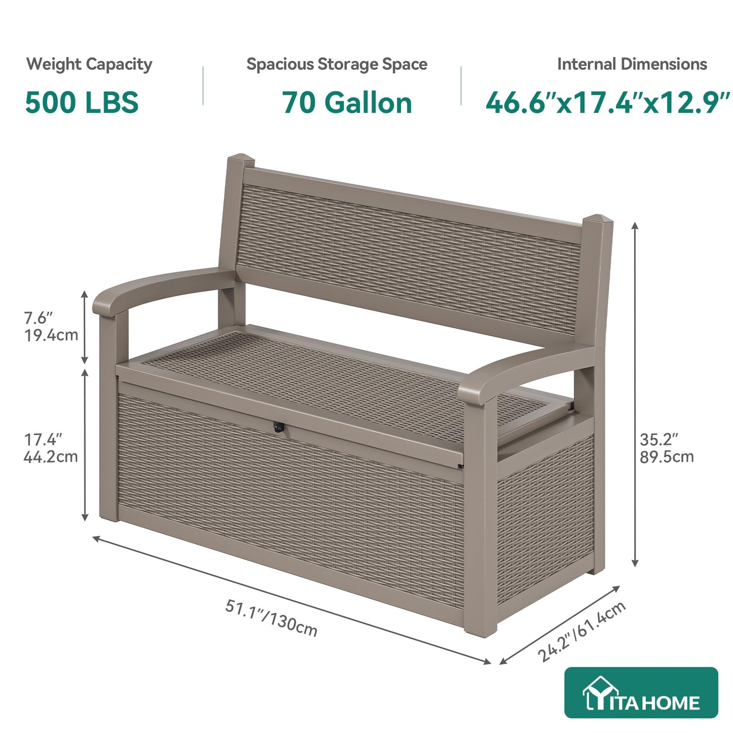 YITAHOME 80 Gallon Storage Bench Deck Box, Lockable Patio Bench, Waterproof Outdoor Pool Deck Storage for Patio Cushions, Garden Tools and Pool Supplies, Light Brown