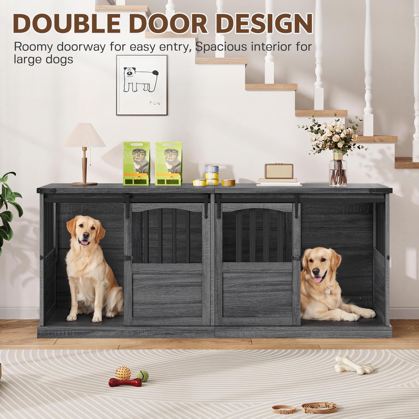 Homiflex Double Dog Crate Furniture with Barn Sliding Doors, 72" Large Dog Kennel Furniture Indoor with Divider for 2 Medium Large Dogs, Heavy Duty Wooden Dog Cage Decorative TV Stand, Grey