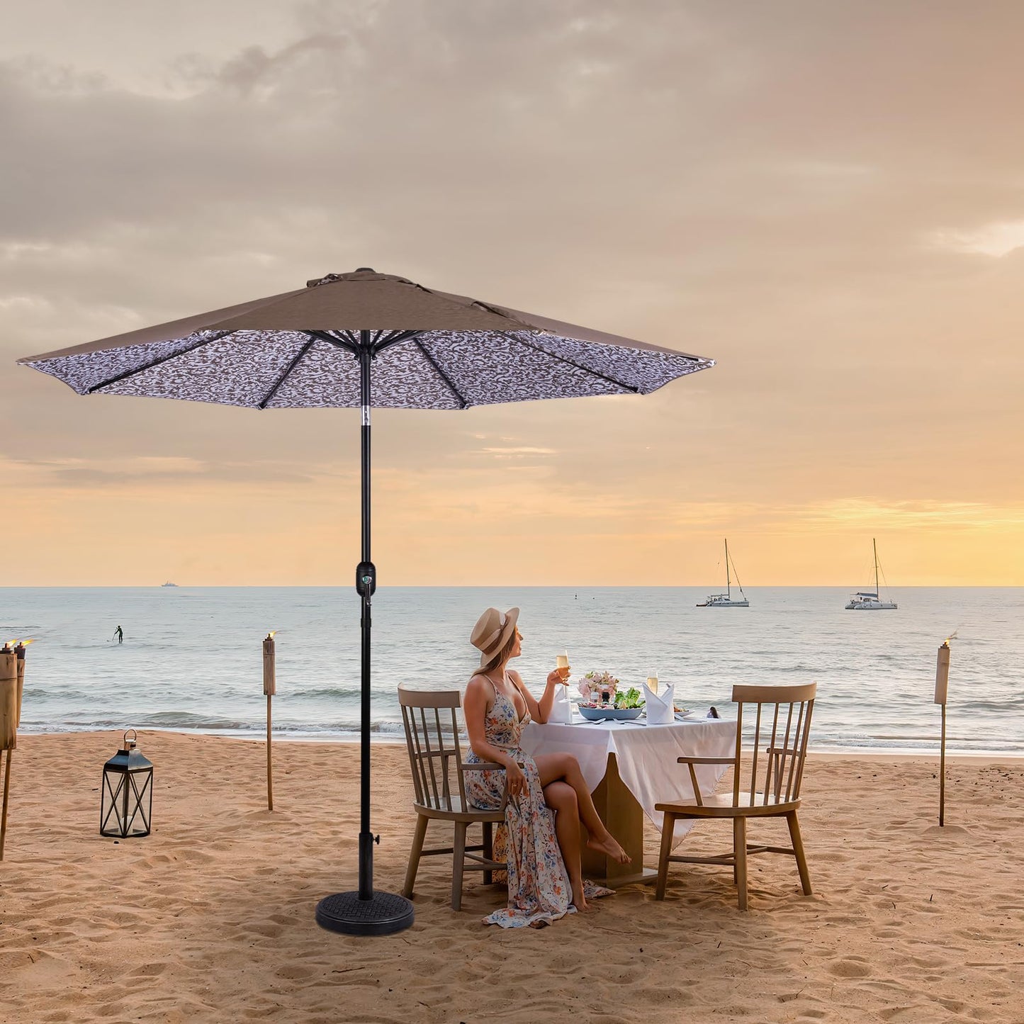 Backyard Expressions 9 Ft Patio Umbrella with Push Button Tilt and Crank System - UV Resistant Polyester Fabric, Market Umbrella with 8 Sturdy Ribs - Tan Double Sided