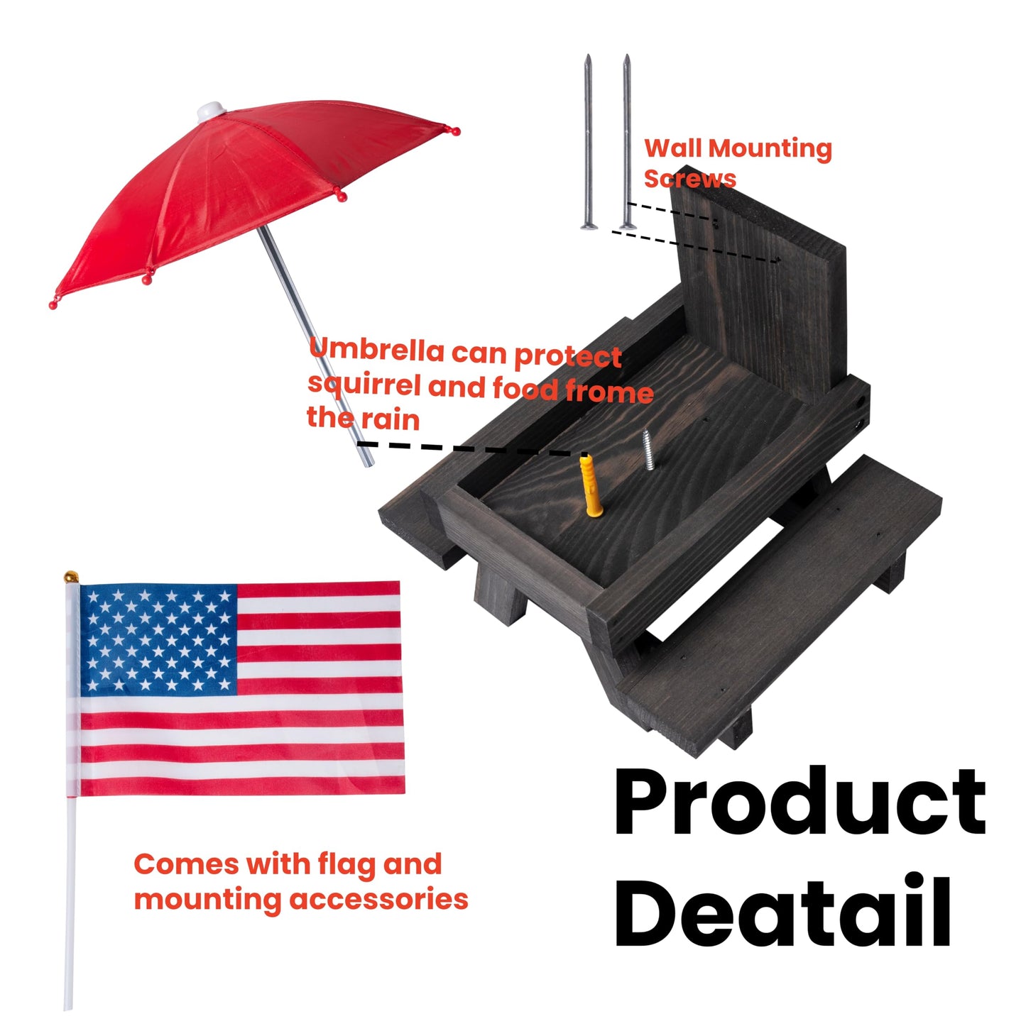 Squirrel Feeder Picnic Table, Squirrel Feeders for Outside with Umbrella and Flag, Black Wood Squirrel Feeder with Corn Cob Holder Cute Chipmunk Feeder for Yard and Porch Decoration