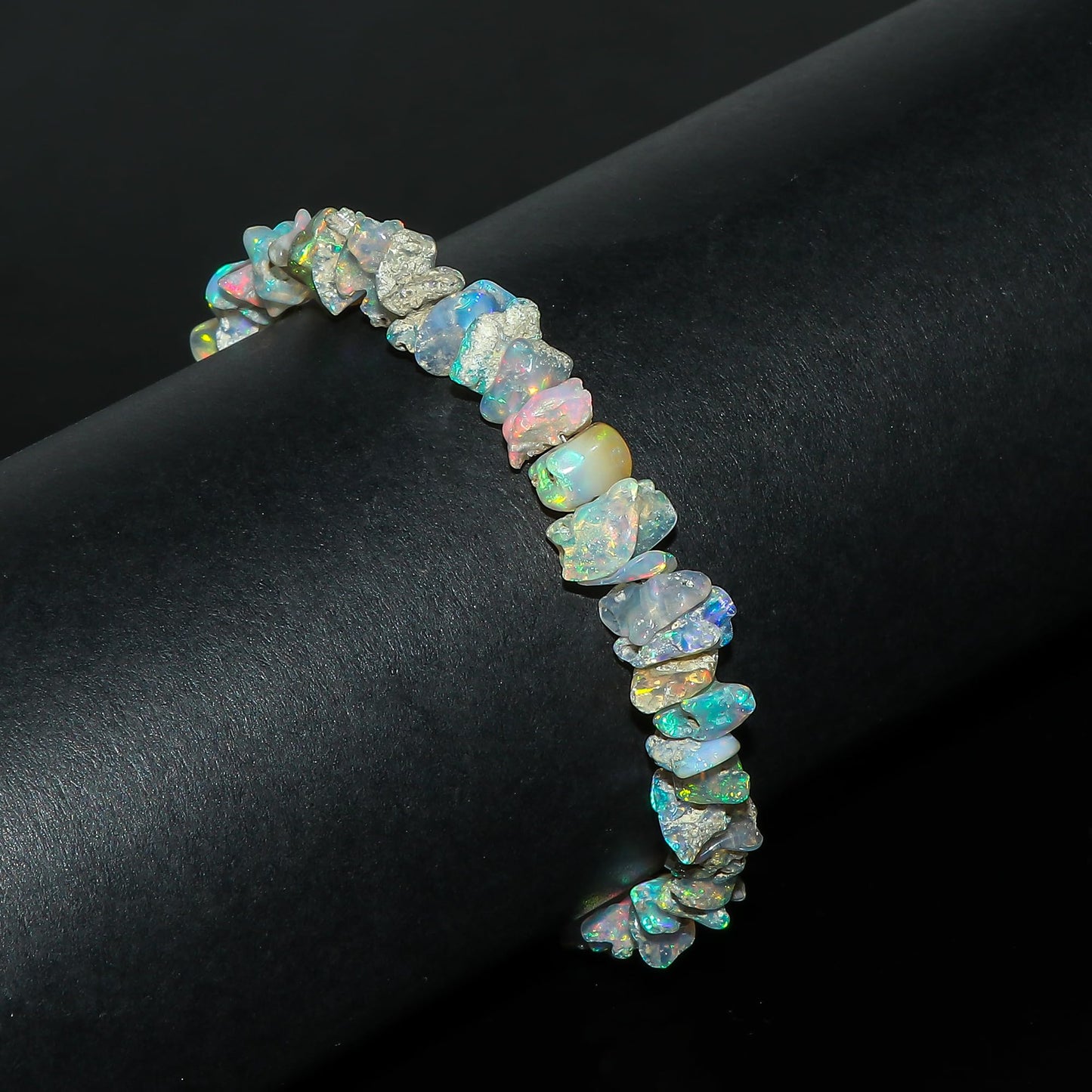 CRYSTALIS Ethiopian Opal Bracelet, Natural Raw Stones, Fire Play Rough Gemstones, Chakra Healing Crystals, Gift Giving Jewelry, Rhodium 925 Sterling Silver Women Bolo Slider Bracelet 10 inch (6+4")