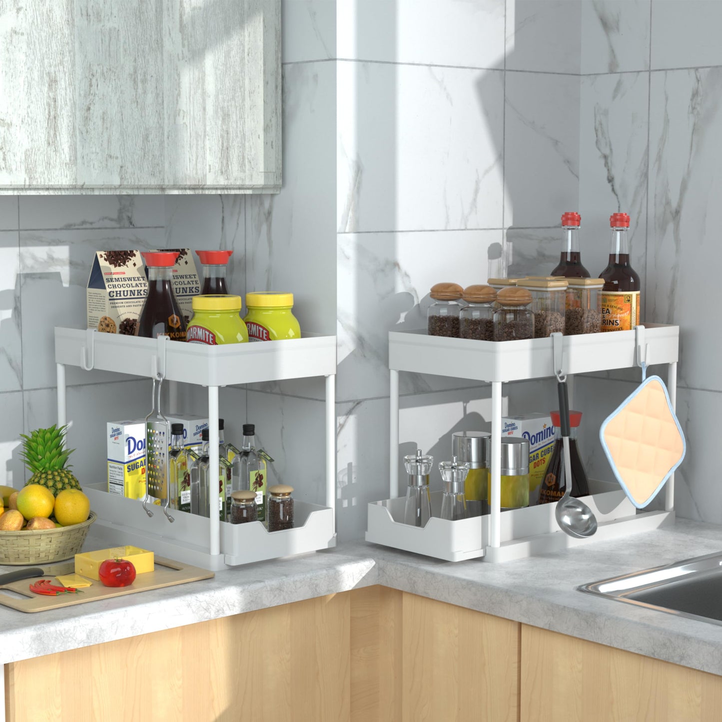DEKAVA Cabinet, 2 Pack Under Sink Organizer, 2 Tier Sliding Bathroom Kitchen Organizer, Large White ABS Baskets, Easy Install & Clean