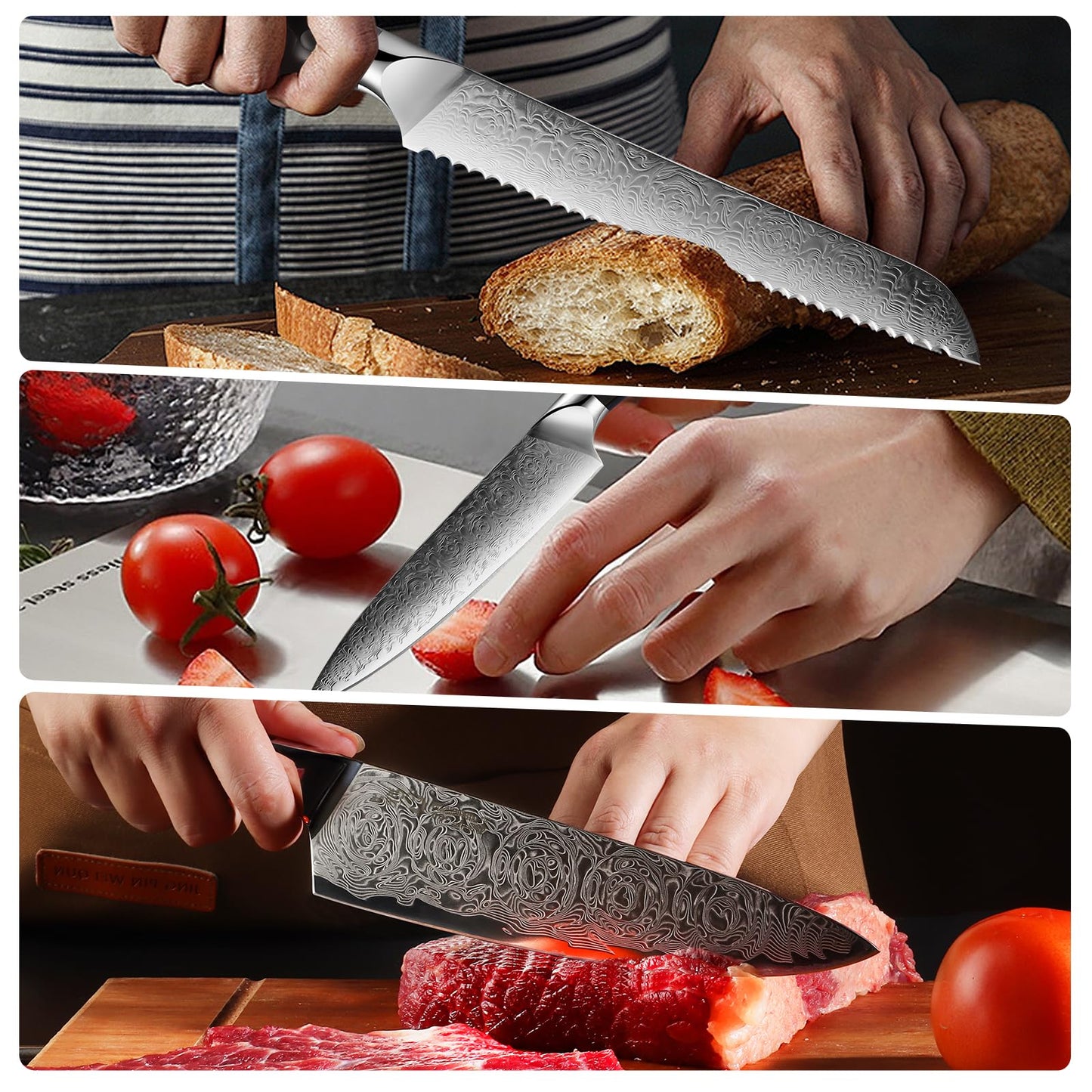 Damascus Chef Knife 3pcs, Professional Japanese Kitchen Knife with High Carbon Steel Core, Ergonomic Resin Handle, Leather Sheath & Luxury Gift Box - Ideal Gift for Men Women