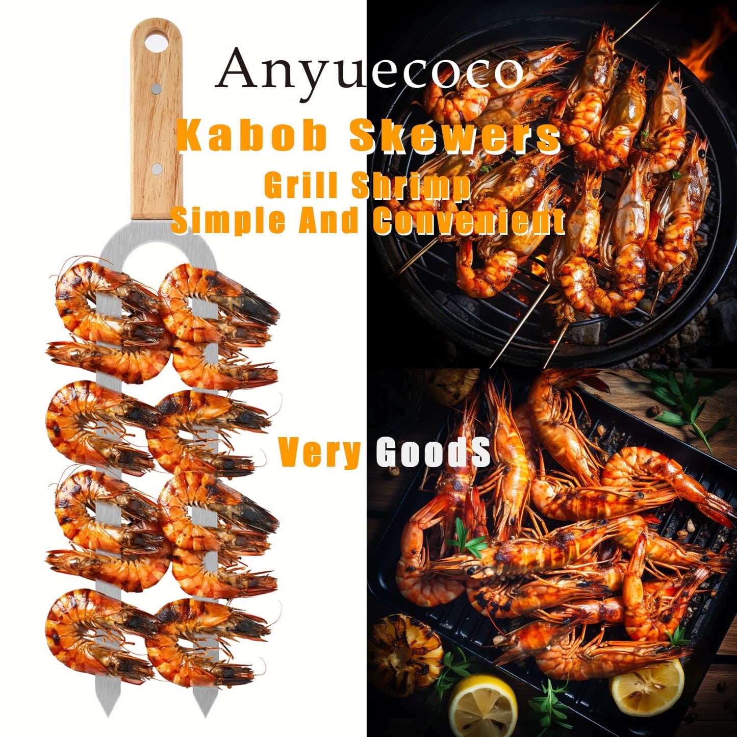 Anyuecoco Skewers for Grilling,2 PCS - 17 Inch Double Pronged Kabob Skewers With Wooden Handles,Heavy Duty Stainless Steel Skewer, Flat Skewer,For Grilling Meat, Vegetables, and Outdoor Cooking