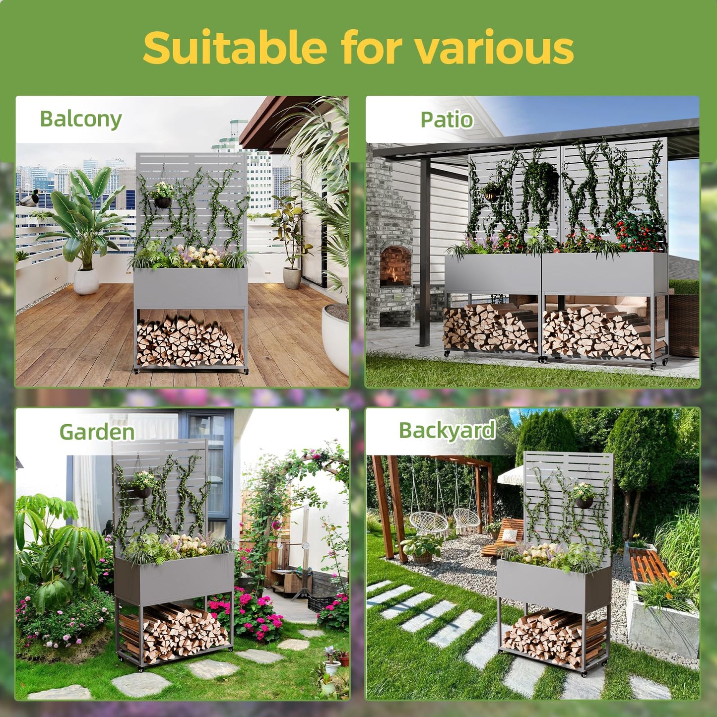 Metal Planter Box with Trellis, 3 in 1 Raised Garden Bed with Trelli & Firewood Rack, Privacy Planter Screen for Climbing Plants, Vine, Outdoor Garden Standing Beds with Drainage Holes, Wheels,Grey