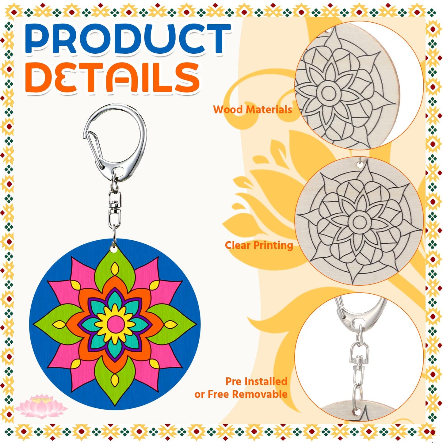 RattanView 24 Pcs Mandala Craft Color Your Own Keychains DIY Craft Wooden Blank Keychains for Sunday School Classroom Home Active Party Favors Gifts, 12 Styles
