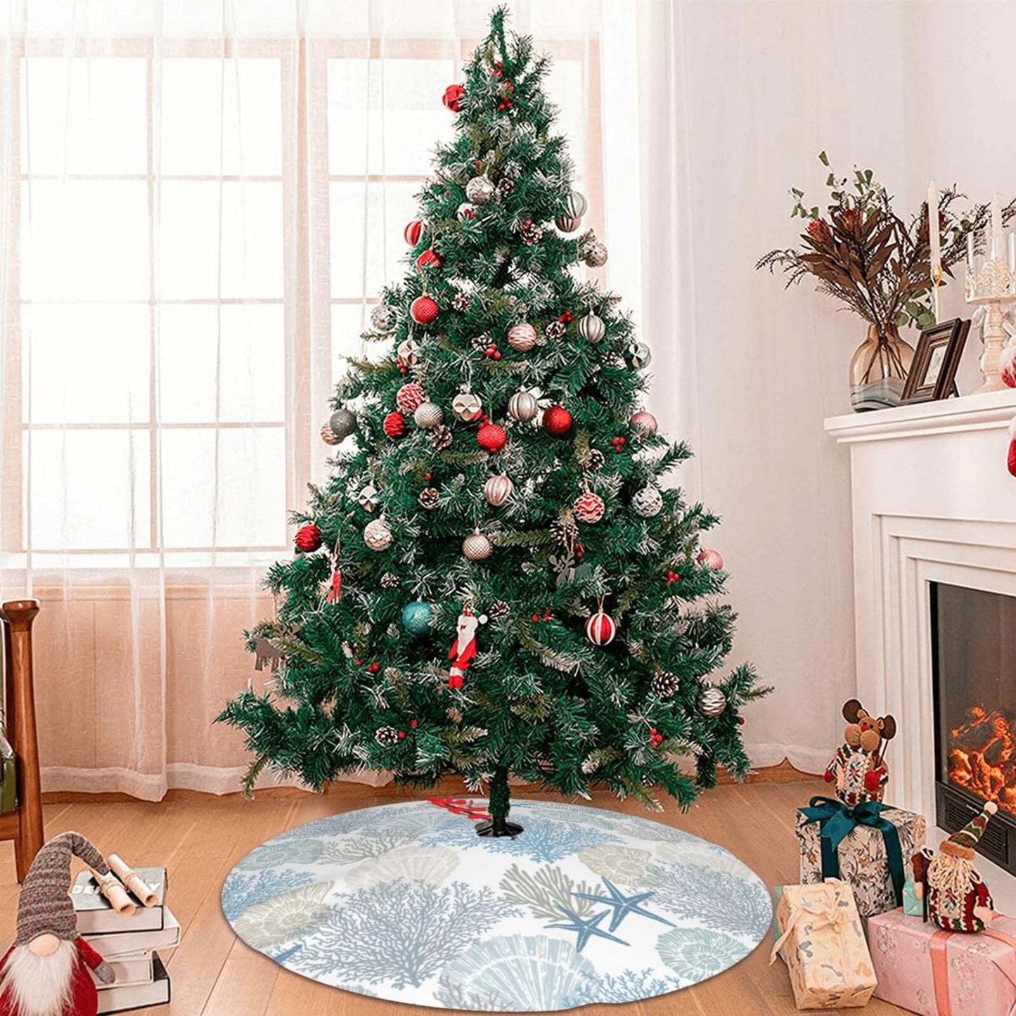 Ocean Sea Shell Starfish Coral Coastal Nautical 36 Inch Christmas Tree Skirt Carpet Mat Funny Party Soft Cover Mat Decor Supplies for Xmas Halloween Decorations Occasion Farmhouse