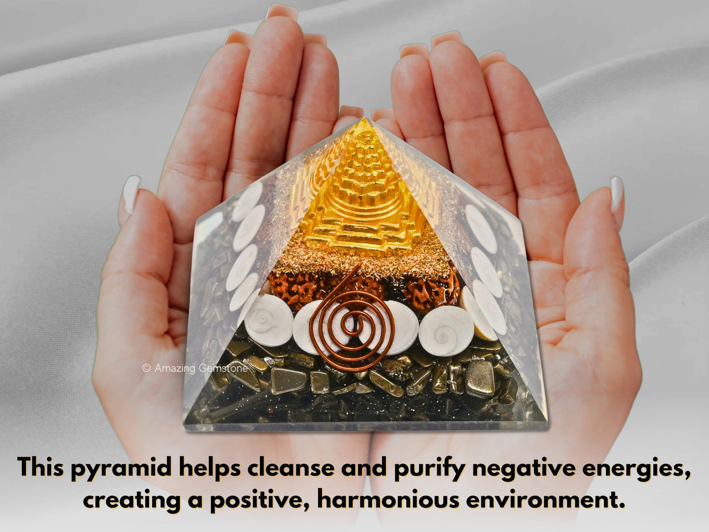 Amazing Gemstone Orgone Pyramid for Money Magnet Pyrite Crystals with Rudraksha, Gomati Chakra, Shree Yantra - Authentic Orgonite & Organite Gifts to Atrract Money Wealth Pooja, Financial Growth