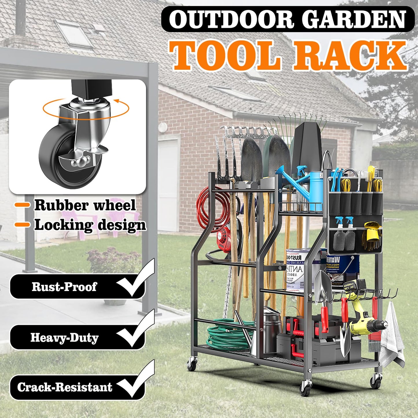 organizelink 36" Large Garden Tool Organizer with Wheels & Side Tool Bag, 3 Tier Rolling Garage Storage Rack for Long Handled Rakes, Shovels, Brooms, Freestanding Yard Tools Cart for Shed & Outdoors