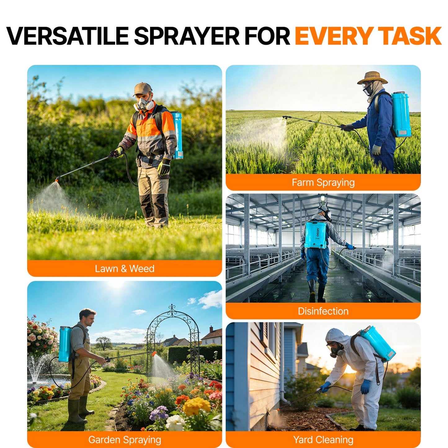 OGERY Battery Powered Backpack Sprayer 4 Gallon, 2.6Ah 21V Battery Electric Sprayer with 6 Nozzles, Telescopic Stainless Steel + Plastic Wand for Lawn Garden Weed Yard Cleaning (Charger Included)