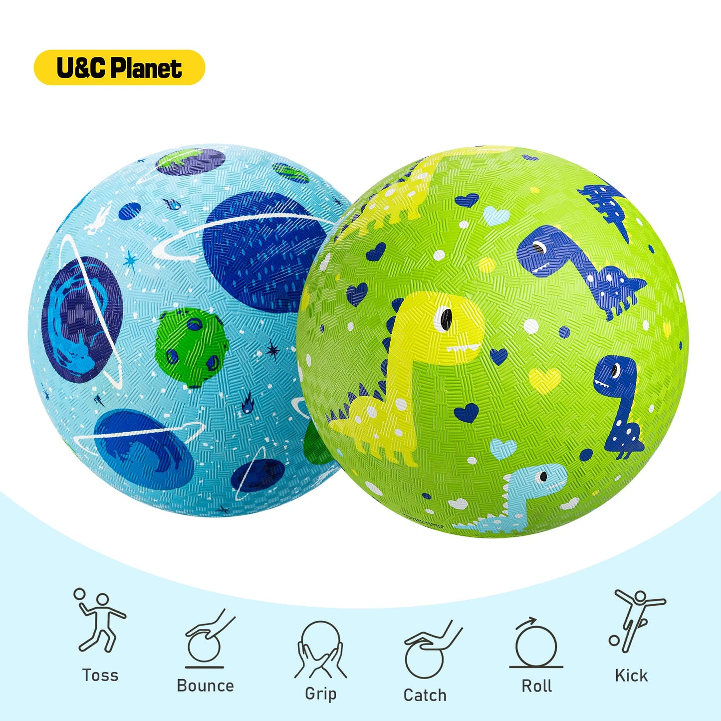 Playground Balls for Toddlers 1-3, 2 Pack 8.5 inch Kickball for Kids Outdoor Indoor, Catoon Dinosaur Planet Rubber Balls with Pump, Child Gift for Boys Girls 1-3 3-5 5-10, Easter Basket Stuffers