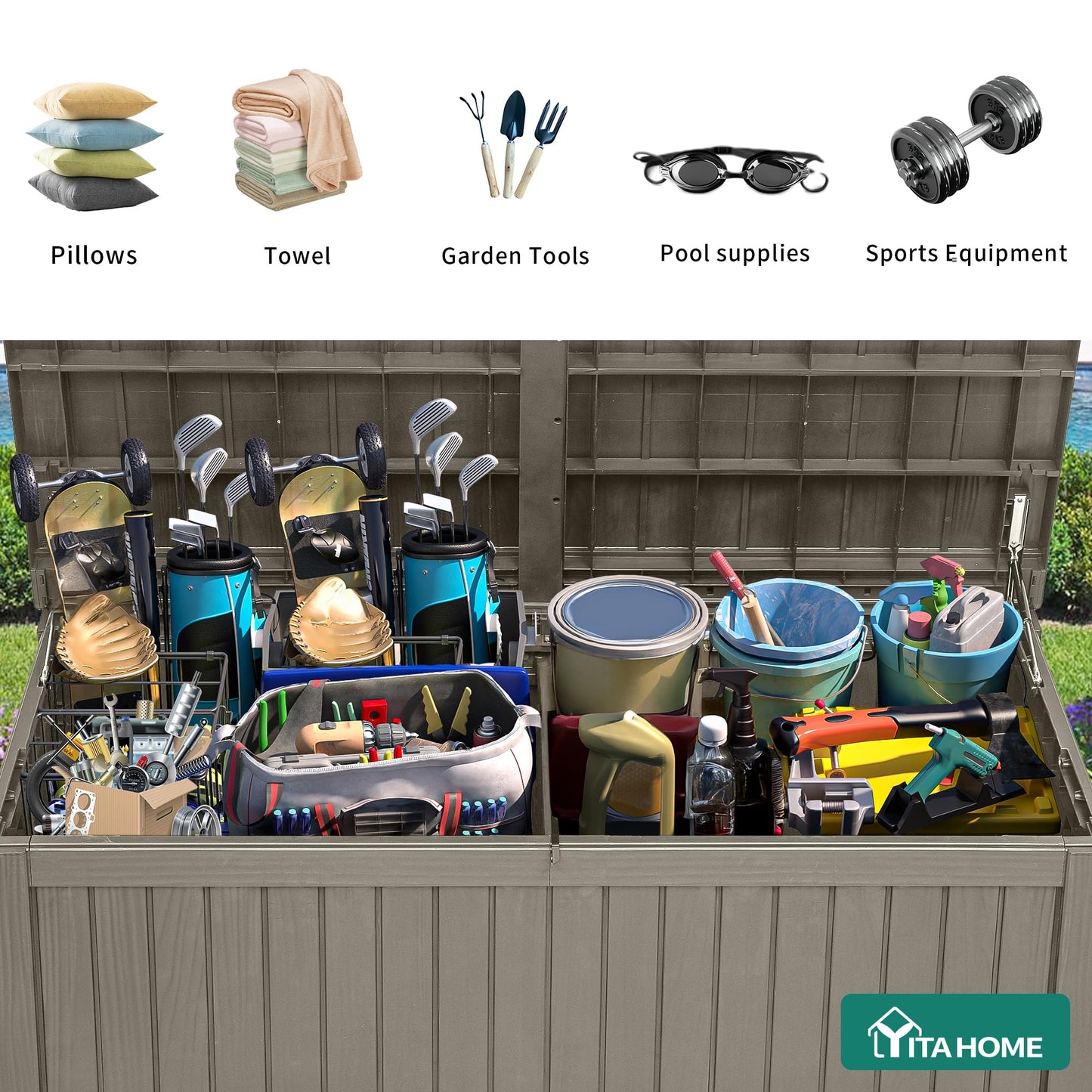 YITAHOME 220 Gallon XL Outdoor Storage Deck Box with Divider, Waterproof & Lockable, Ideal for Patio Furniture and Garden Tools, Resin-Built, Wood-Like Texture, Brown