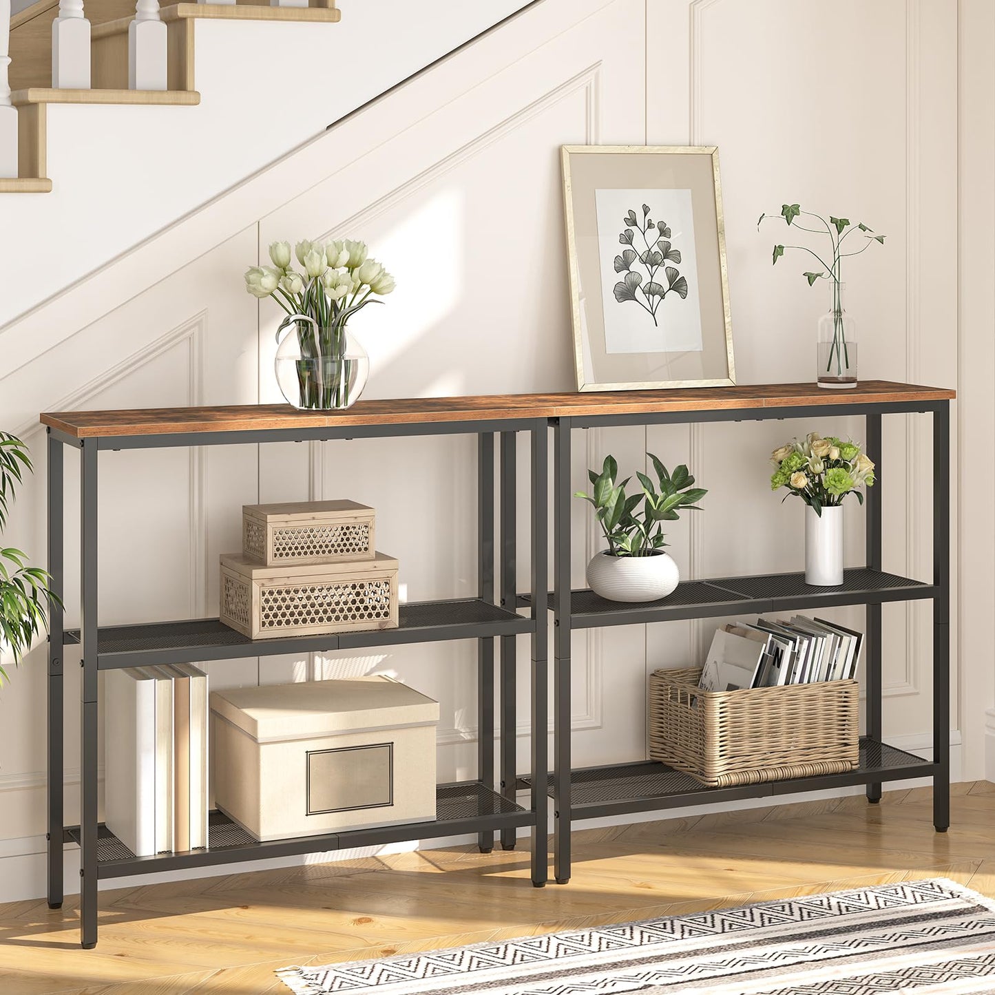 HOOBRO 29.5" Narrow Console Table Bundle, 5 Tiered Plant Shelf Flower Stand for Multiple Indoor Plants, for Hallway, Entrance, Living Room, Bedroom BF73XG01-BF06HJ01