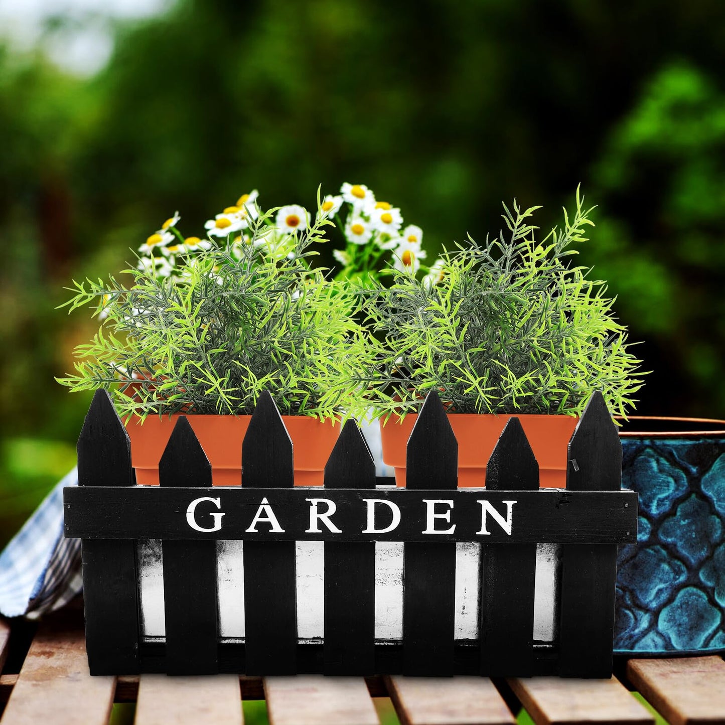 PAMINGONO Rectangular Wooden Fence Planter Box, Black Pastoral Style Flower Pot for Garden and Home Decoration, Wooden Plant Container Suitable for Outdoor Patio and Indoor Use