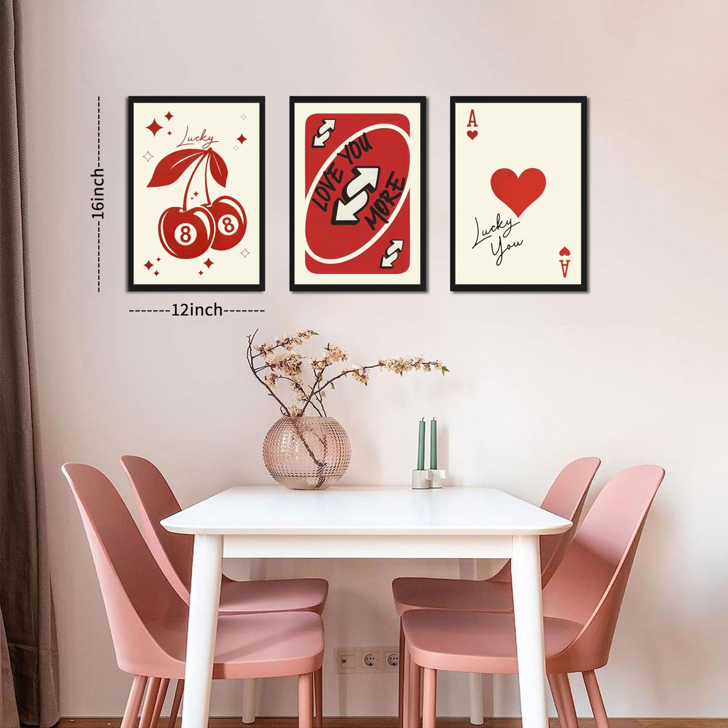 Red Heart Wall Art Set of 3, Trendy Love You More Valentine Wall Decor Paintings, Funky Y2K Ace of Hearts Canvas Prints Pictures, for Bedroom Dorm Bar Valentine Gift 12x16 Inch Wood Framed