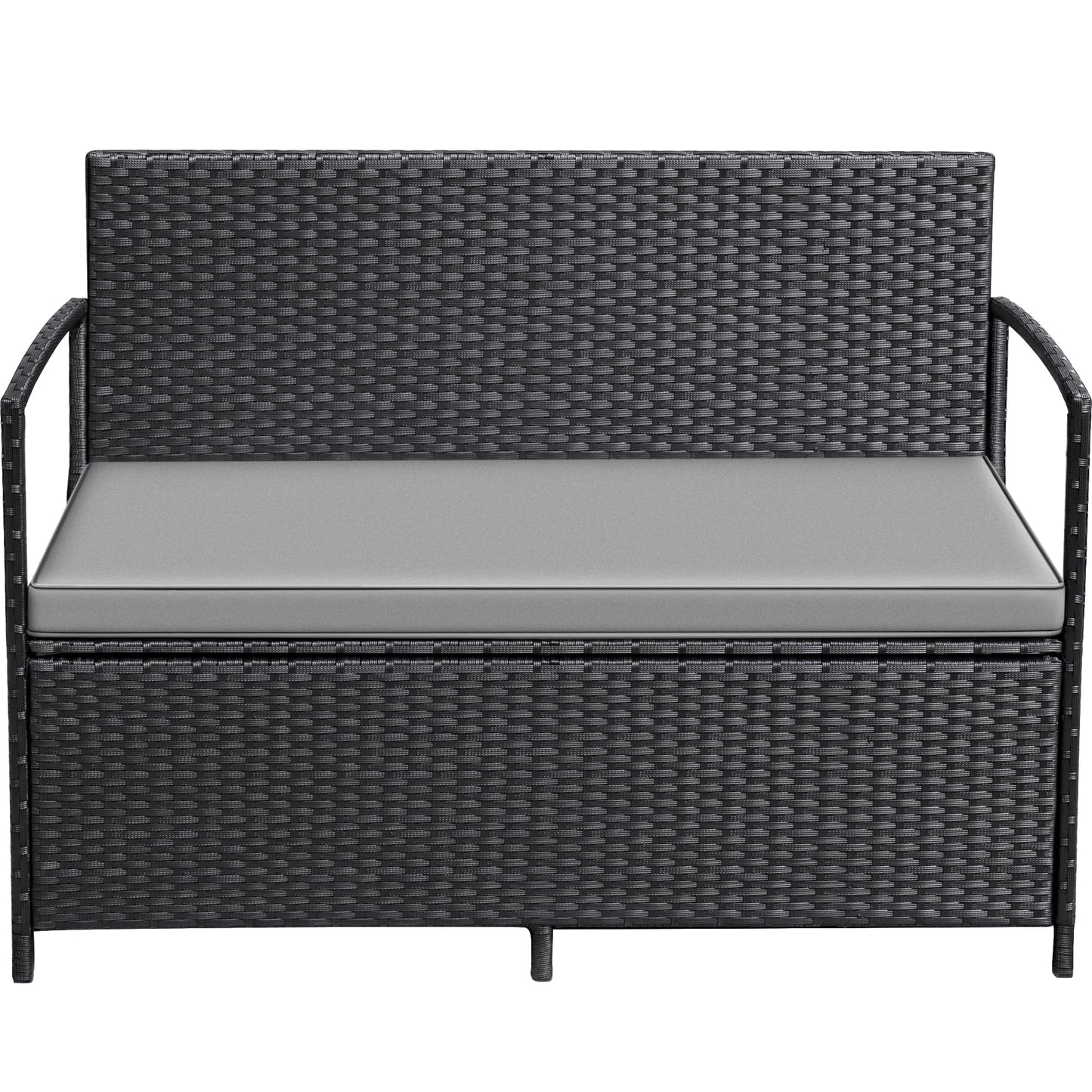 Greesum Patio Loveseat PE Rattan Wicker Outdoor Furniture with Soft Cushions & Built-in Storage Space for Lawn Garden Backyard, Black