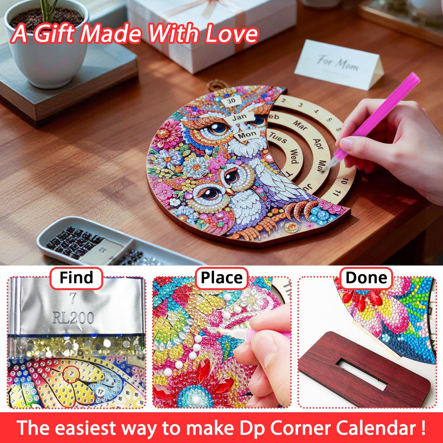 CharySim Diamond Art Calendar Kits for Adults Diamond Gem Art Kit Paint By Dots Kits Rhinestone Craft Kit for Women Birthday Gift DIY Bedazzling Art Desktop Stand (Owl&Cross 2)