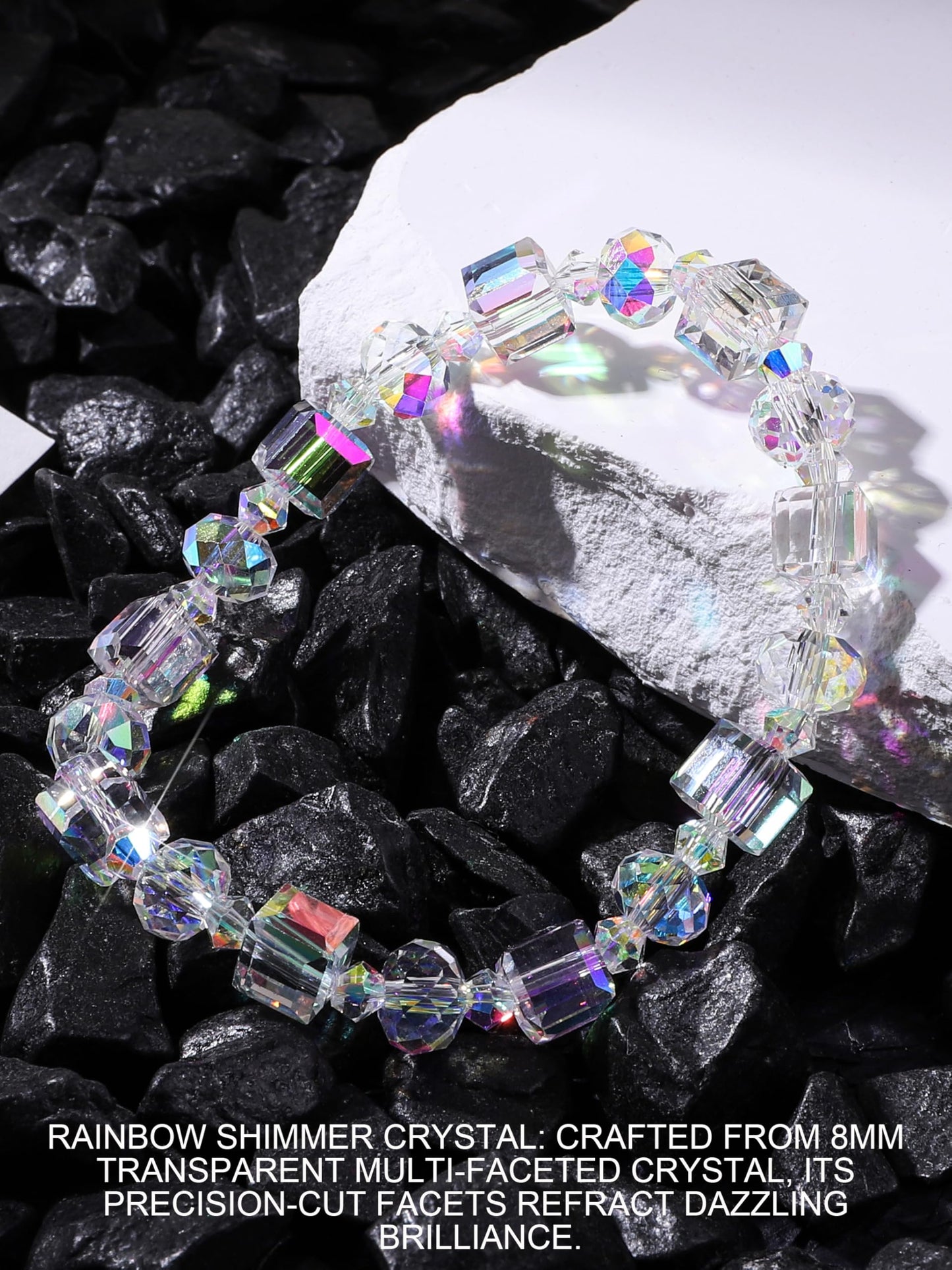 HANGINTHERE Aurora Crystal Bracelet for Women ,7 Inch Stretchy Iridescent Bracelet with 8mm Aurora Borealis Beads,Gift for Girlfriend Best Friends Mom Wife, Birthday Valentine‘s Present with Velvet Pouch