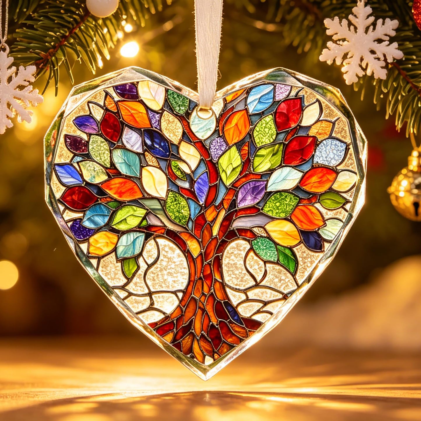 Tree of Life Stained Glass Ornament Christmas Tree Decorations Heart Shape Crystal Ornaments Holiday Presents Idea Car Hanging Ornaments Unique Keepsale for Mom Wife Friend Sister