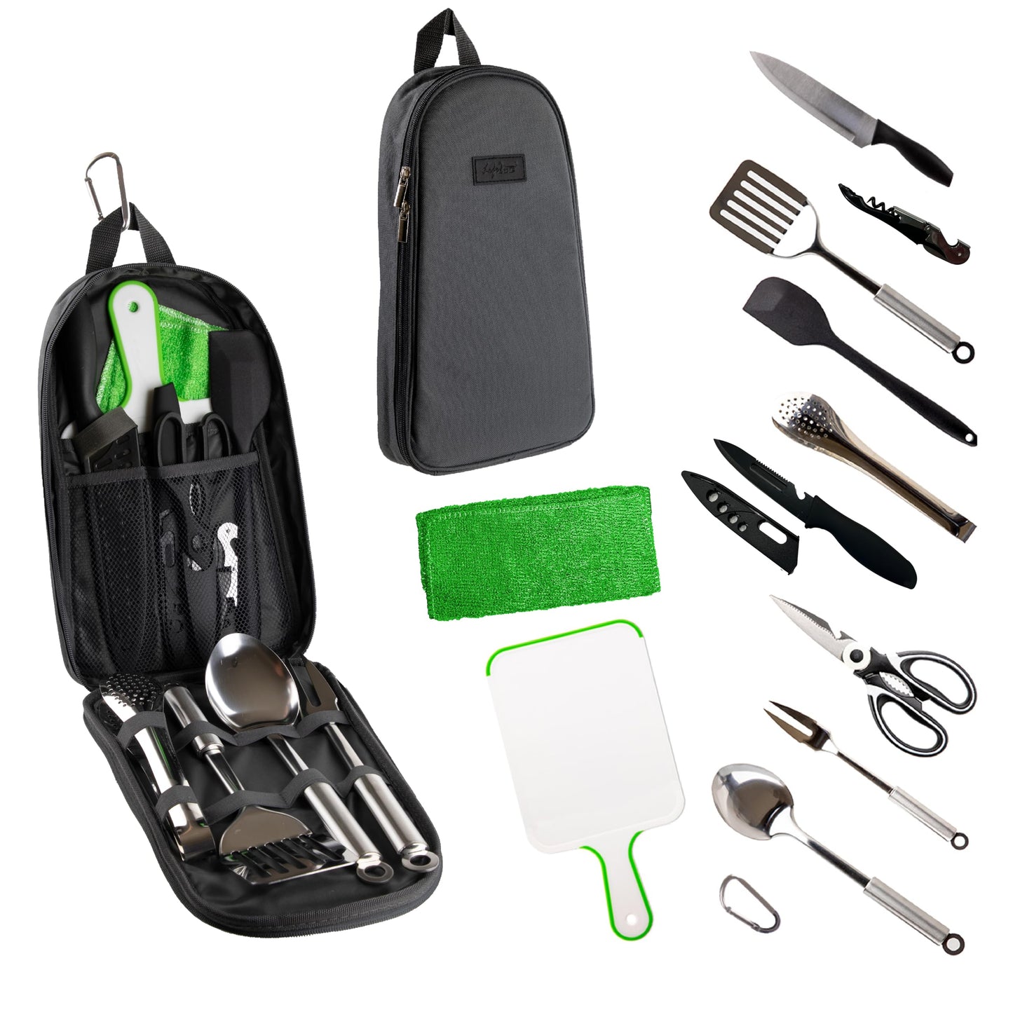 Life2Go 12 Piece Camp Cooking Utensil Set & Outdoor Kitchen Gear Cookware Kit, Portable Compact Carry Case for Camping, Hiking, Travel, BBQ Grilling Stainless Steel Accessories Spoon & Fork, Gray