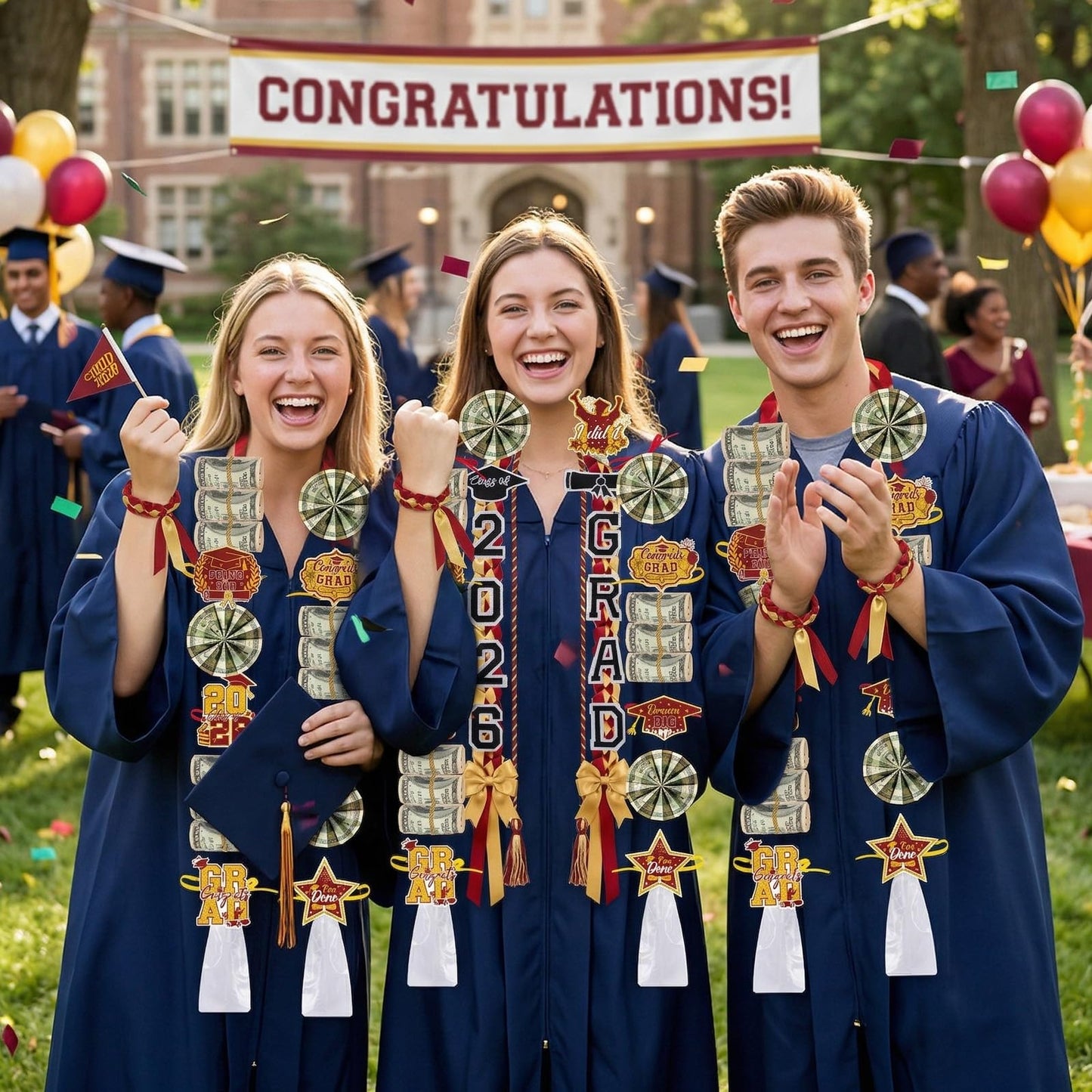 Hamdwerk Candy Leis for Graduation 2026, 36Pcs Graduation Leis Class of 2026, Graduate Ribbon Lei Making Kits with Honor Cord Patches Cards, Red Gold Double Lei Necklace Decorations Graduation Gift