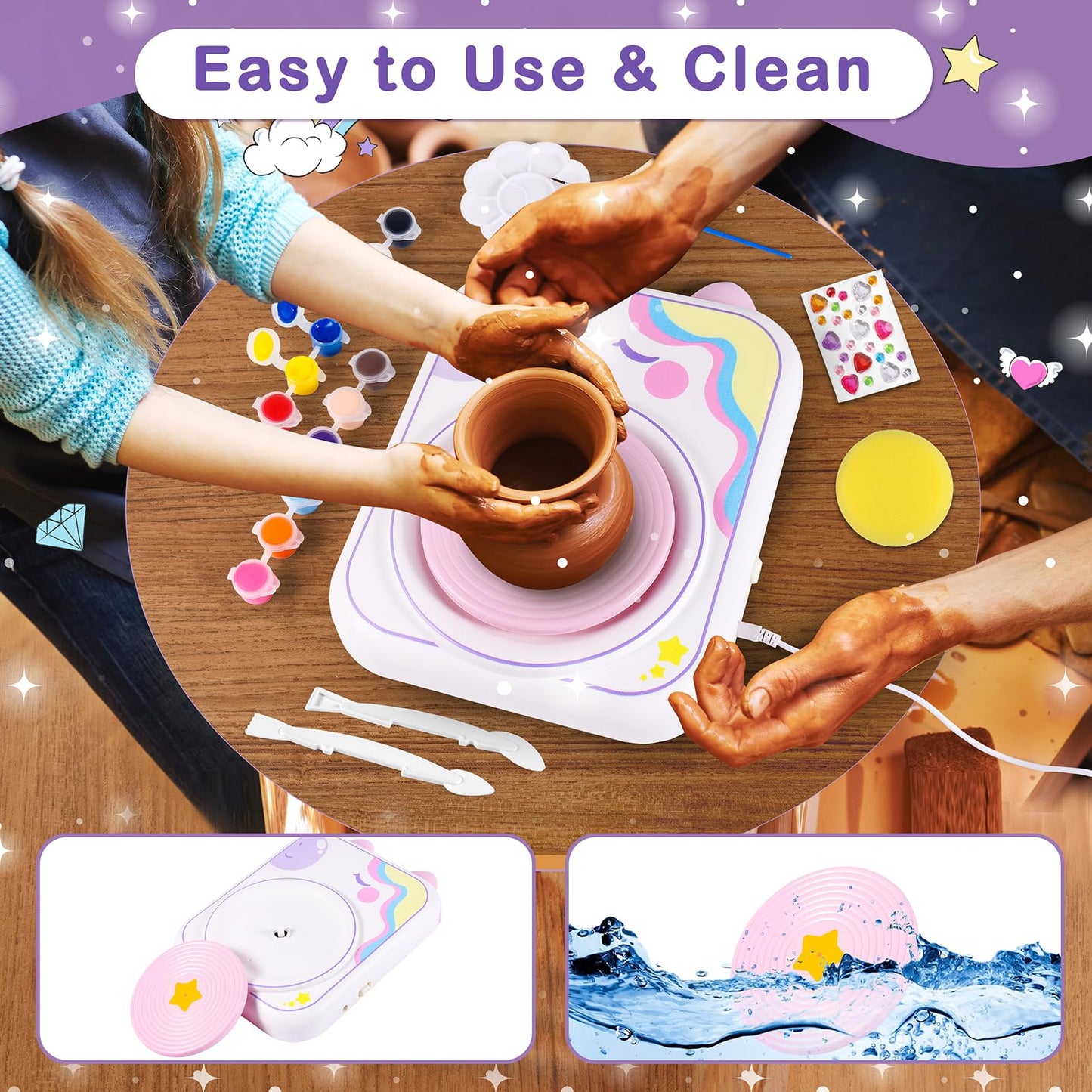 weirtoya Pottery Wheel for Kids, Girls Arts and Crafts Toys for Kids Ages 8-12,Pottery Craft Kit with 3 Pack Air-Dry Clay, Art Supplies for Kids Toys Girls Birthday Gift for 6 7 8 9 10 11 12+