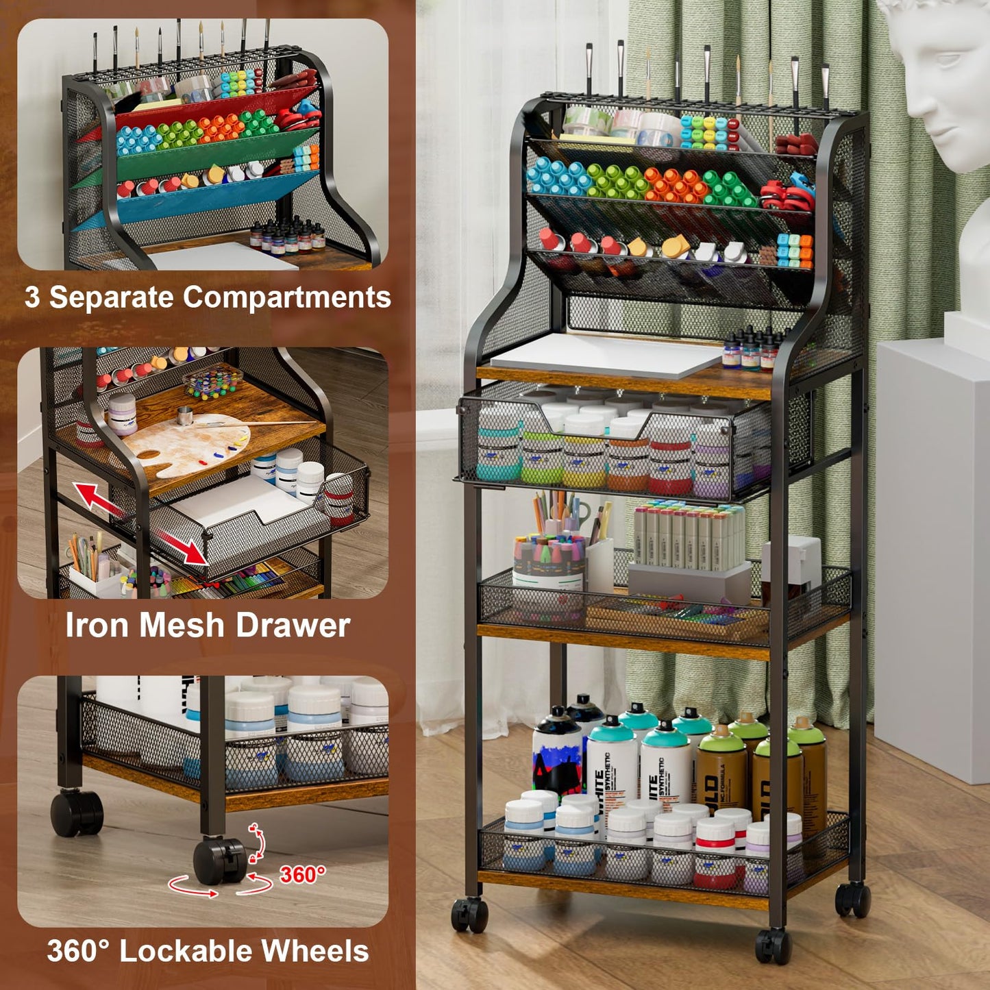 Large 7-Tier Rolling Utility Cart with Drawer, 40in Tall Metal Craft & Art Storage Organizer with Lockable Wheels, Storage for Art Studio, Drawing Room, Paints & Supplies