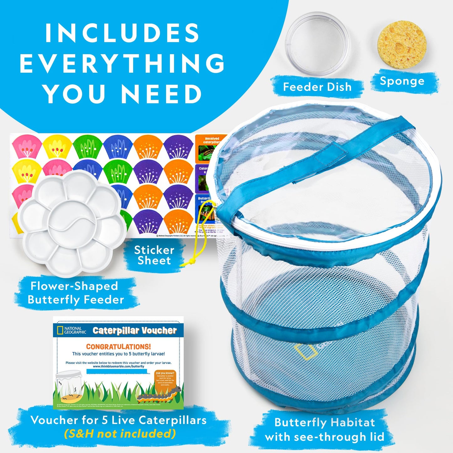 National Geographic Butterfly Growing Kit - Butterfly Habitat Kit with Voucher to Redeem 5 Caterpillars (S&H Not Included), Butterfly Cage, Feeder (Amazon Exclusive)