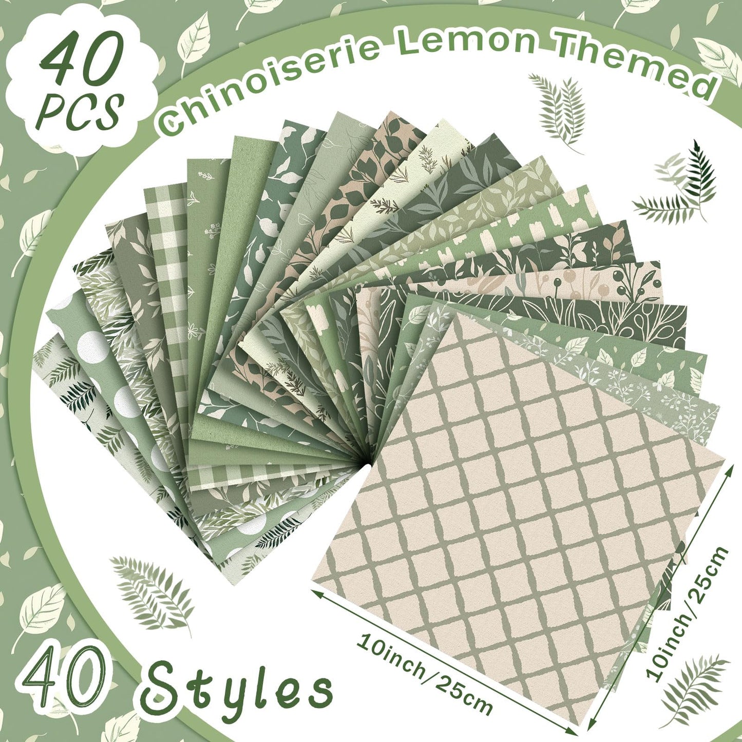 Tegeme 40 Pcs 10 x 10 Inches Sage Green Floral Fabric Squares Vintage Greenery Precut Fabric Bundle Retro Eucalyptu Gingham Polka Dot Spring Leaves Printed Sewing Sheet for Craft DIY Quilting Sewing