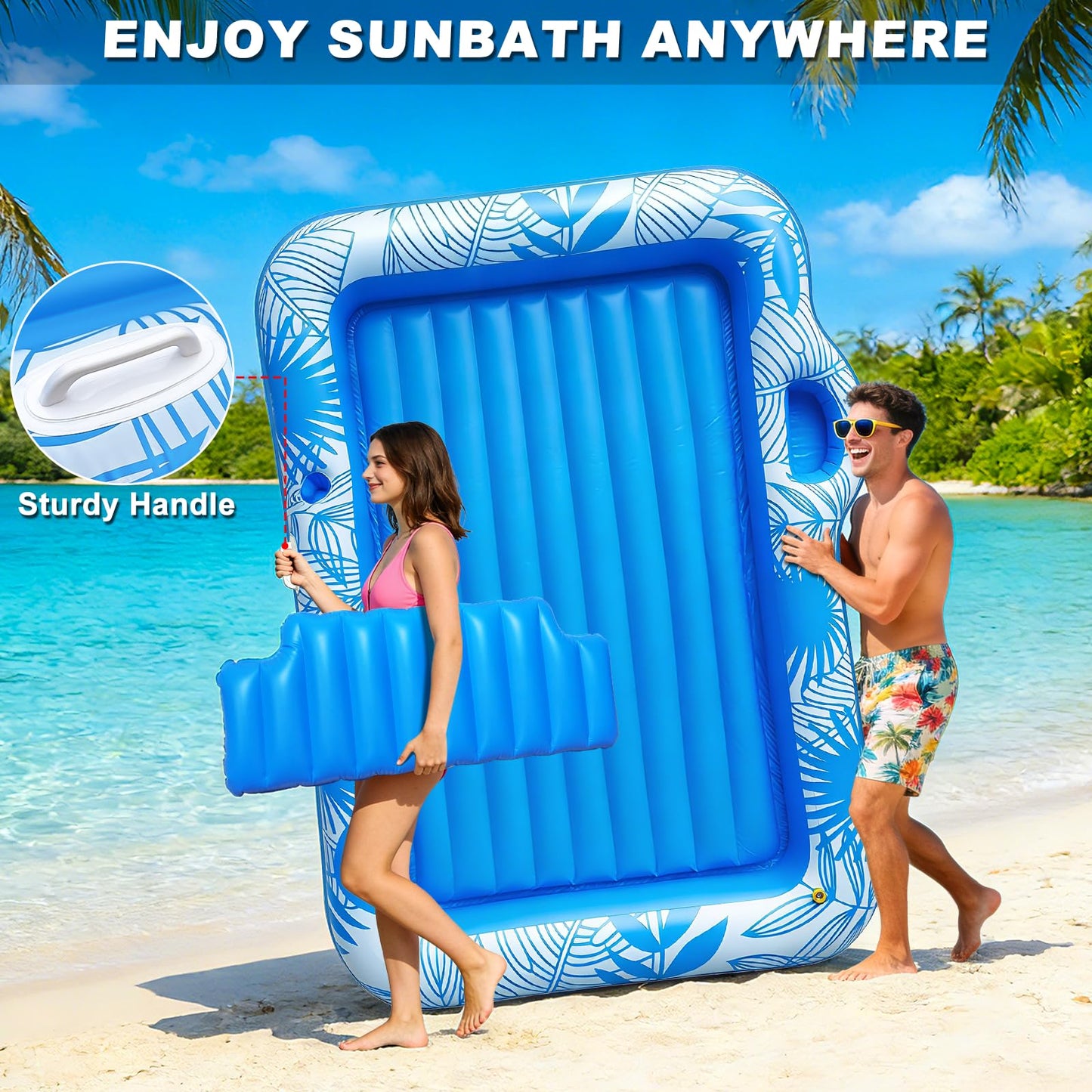 83" X 60" Inflatable Tanning Pool Lounger Float with Sprinkler, Extra Large Pool Float Adults with Pillow, 6 in 1 Suntan Tub Raft Floatie Toys with Drink Holder Sunbathing Water Filled Tanning Bed
