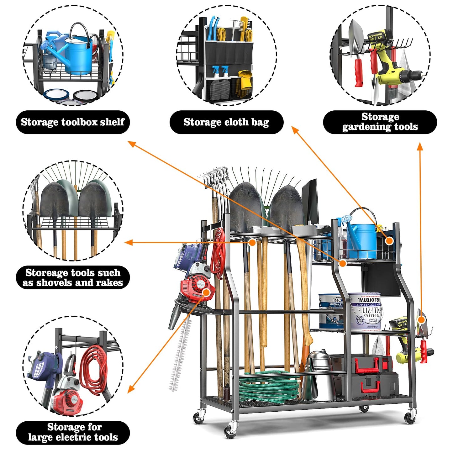organizelink 36" Large Garden Tool Organizer with Wheels & Side Tool Bag, 3 Tier Rolling Garage Storage Rack for Long Handled Rakes, Shovels, Brooms, Freestanding Yard Tools Cart for Shed & Outdoors