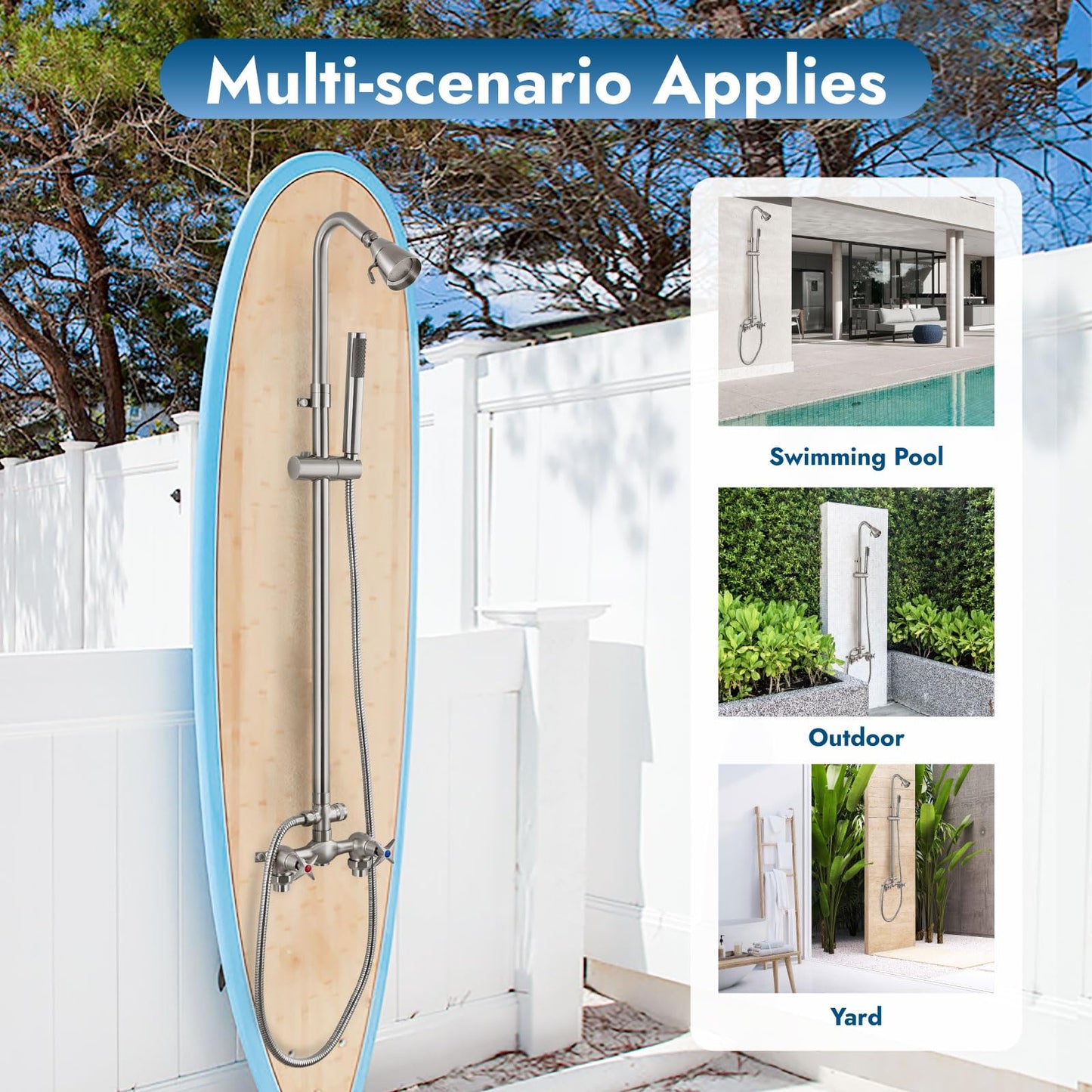 Cinwiny Brushed Nickel Wall Mounted Exposed Shower Fixtures with Hand Held Shower Head Outdoor Shower Kit 2 Cross Handles with Adjustable Slide Bar Dual Function Shower Faucet