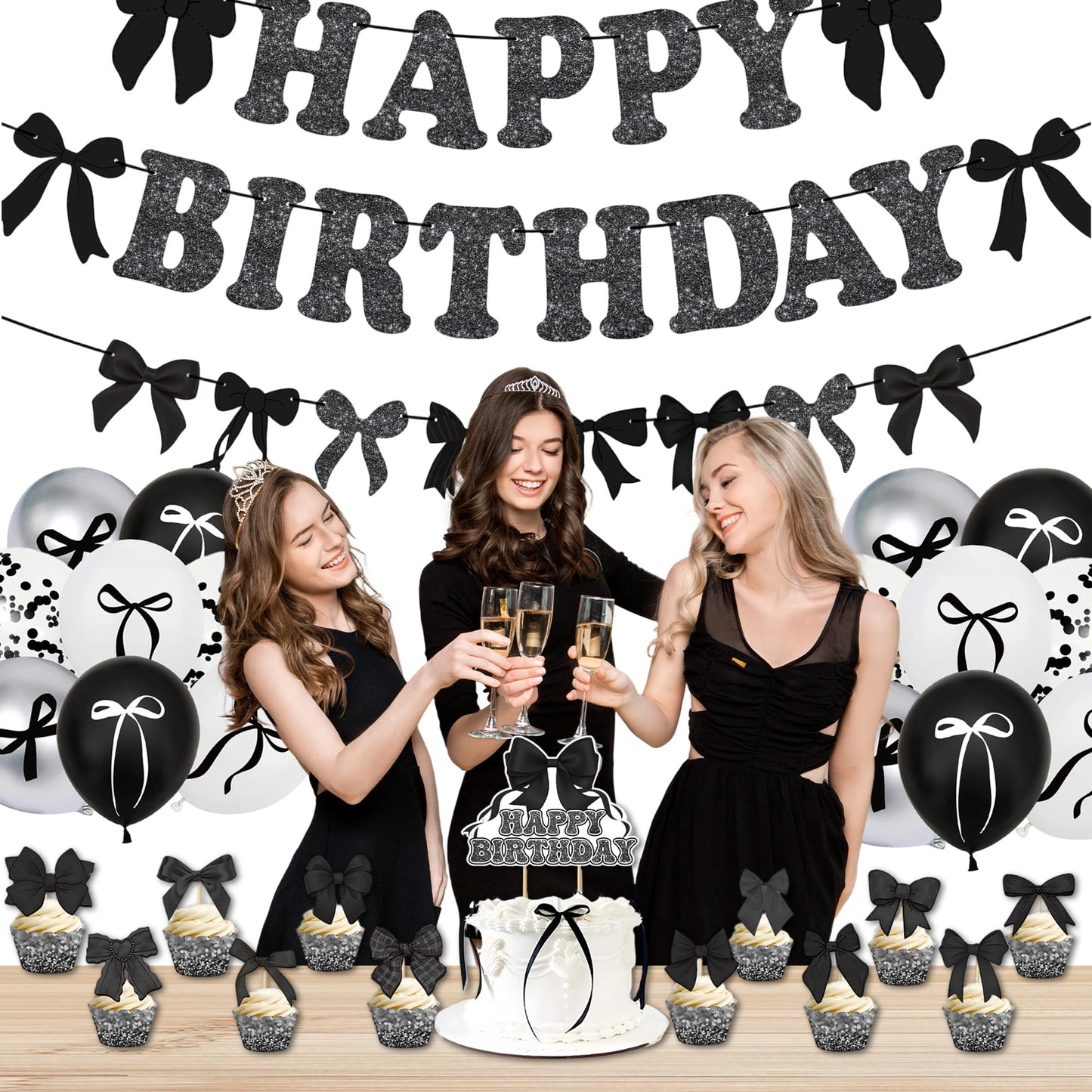 Black Bow Birthday Party Decorations Set - Cute Backdrop Banner, Hanging Banners, Balloons, Cake & Cupcake Toppers, Princess Theme Party Supplies Kit for Girls, Kids, Baby Shower