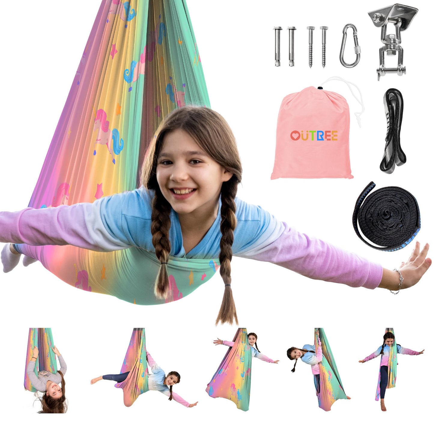 OUTREE Sensory Swing for Kids, Double Layer Therapy Hammock, Indoor Swing with 360° Swivel Hanger Kit and Adjustable Straps, Autism Sensory Product for Autism, ADHD (Unicorn Printed)