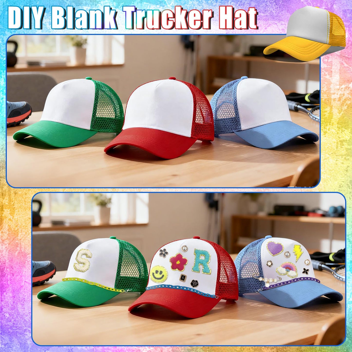 10 Pack Blank Trucker Hats DIY Kit Sublimation Youth Mesh Baseball Caps Adjustable with Bulk Colorful Trucket Hat Charms Chain Letter Embroidered Patches Pearl Pin Brooch Accessories for Women Men Par