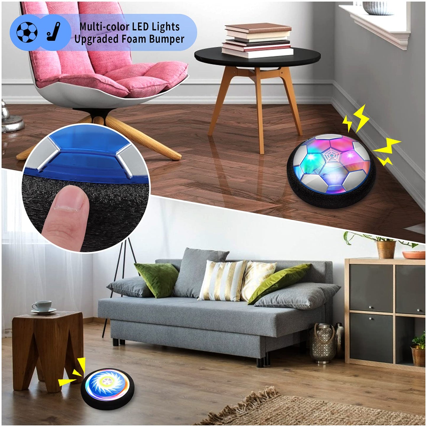 3-in-1 Hover Hockey Soccer Ball Set, Rechargeable Air Soccer and Floating Battery Hockey Kids Toys with LED Lights and Foam Bumper, 2 Goals for Boys and Girls Ages 4 5 6 7 8-12 for Indoor/Outdoor Game