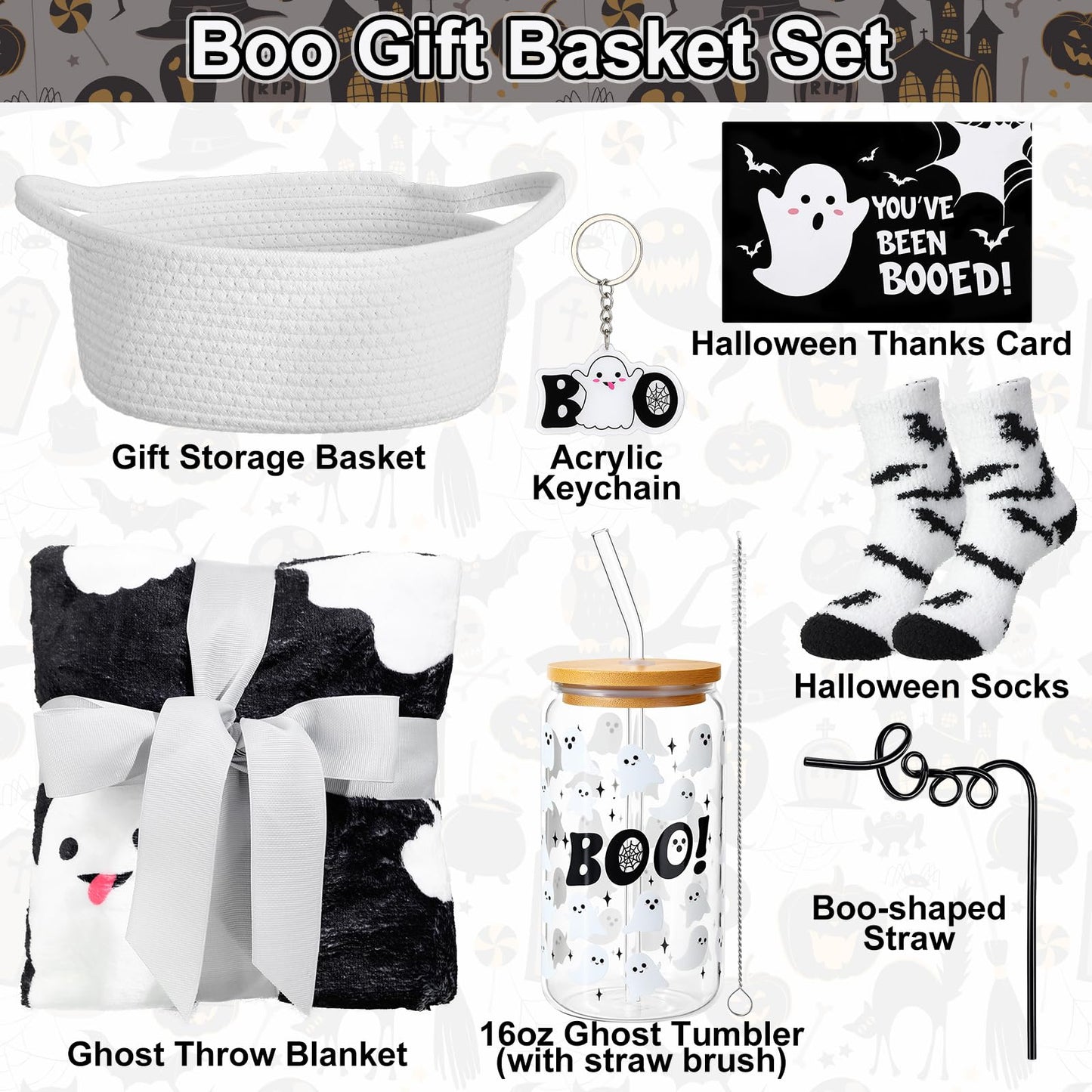 Mimorou 7 Pieces Black Boo Basket Gifts Halloween Gifts Set Ghosts Throw Blanket 16oz Cute Tumbler Gift Basket Spooky Keychain Socks Boo Straws Thanks Card for Halloween Party Trick or Treat