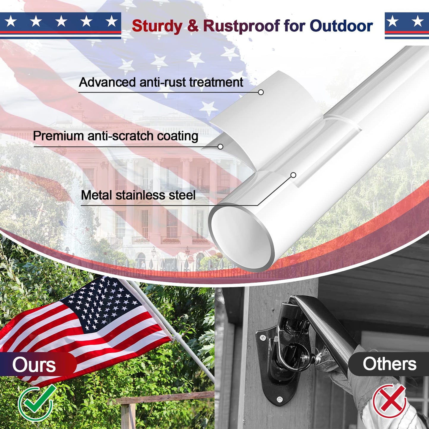 Barcetine Flag Pole with American Flag - Tangle Free Flag Poles for Outside House with 3x5 Embroidered US Flags,Flagpole Holder Bracket - 5ft Heavy Duty Outdoor Flag Pole Kit for Porch - White