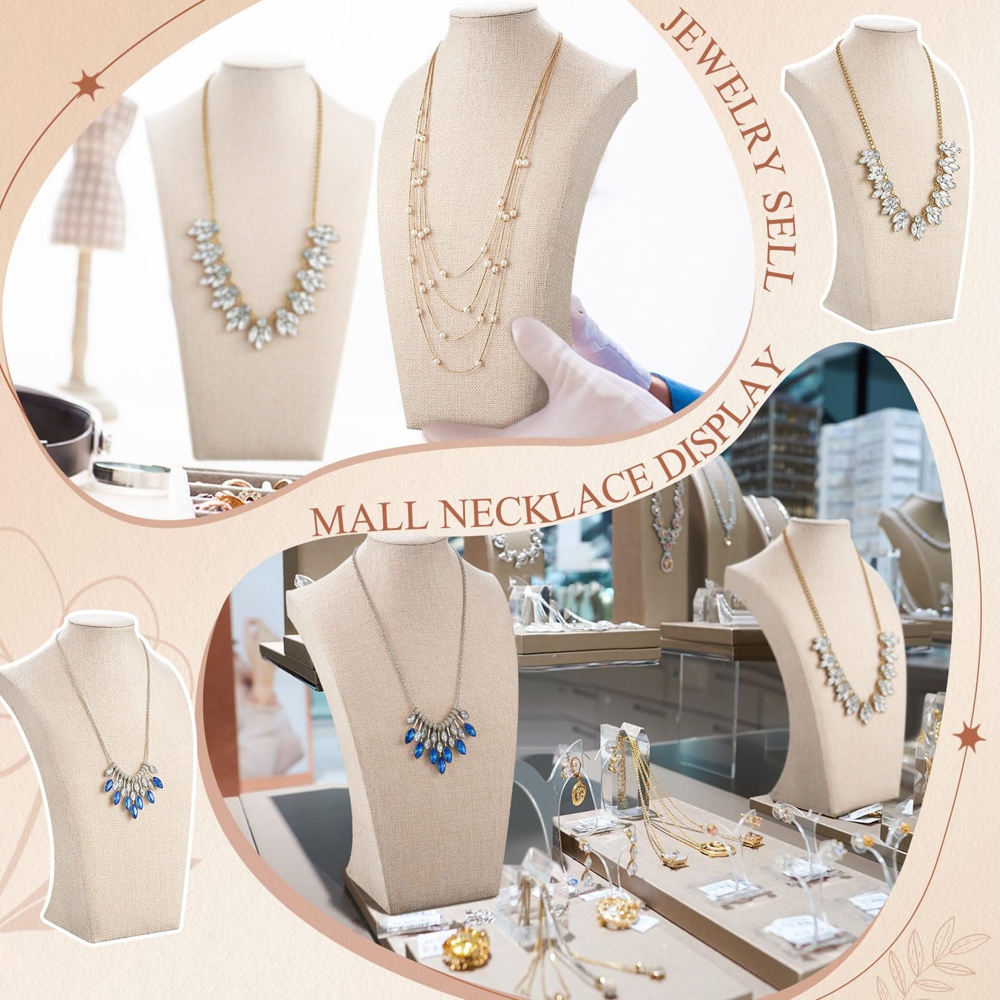 Kigley 3 Pcs Linen Jewelry Display Bust Necklace Display Stand Necklace Mannequin Holder for Jewelry Selling Trade Shows(Beige,13.4 x 8.1 Inch)