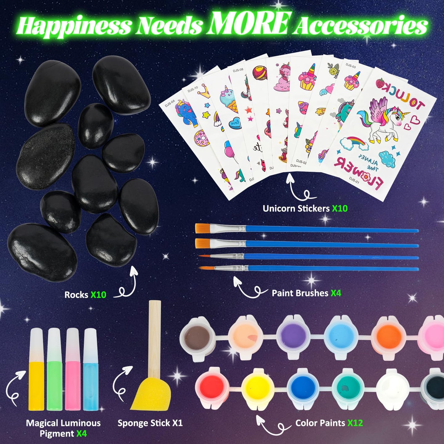 SHENGSEN Glow in The Dark Rock Painting Kit, Rock Art Kit Including 10 Rocks & 10 Stickers for Kids Ages 6-12, Rocks Painting Bulk Stones for Arts & Crafting Gift
