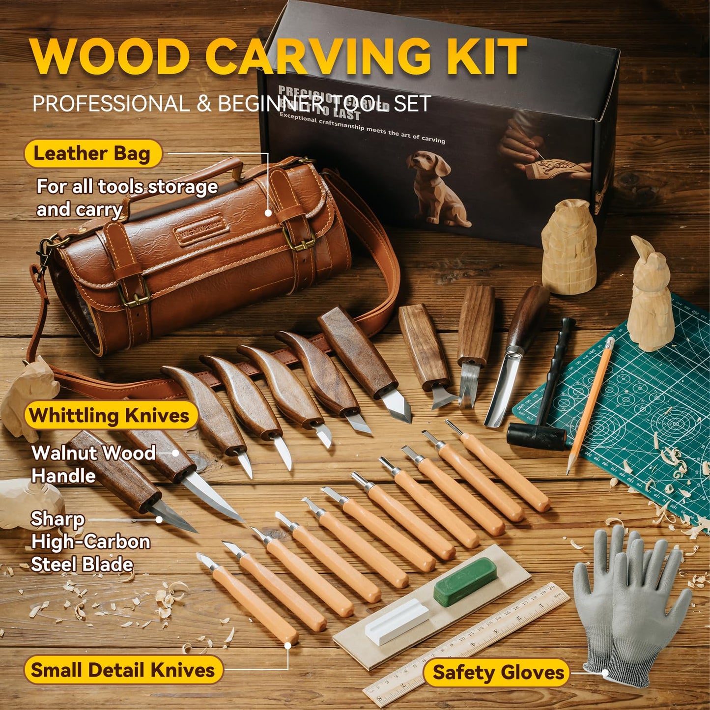Wood Carving Kit, 44Pcs Wood Carving Tools Set with Thick Leather Storage Bag, Deluxe Wood Carving set, 10 Wood Carving Knives 11 Chisels 9 Blocks Whittling Kit for Beginners Enthusiasts Kids Gift DIY