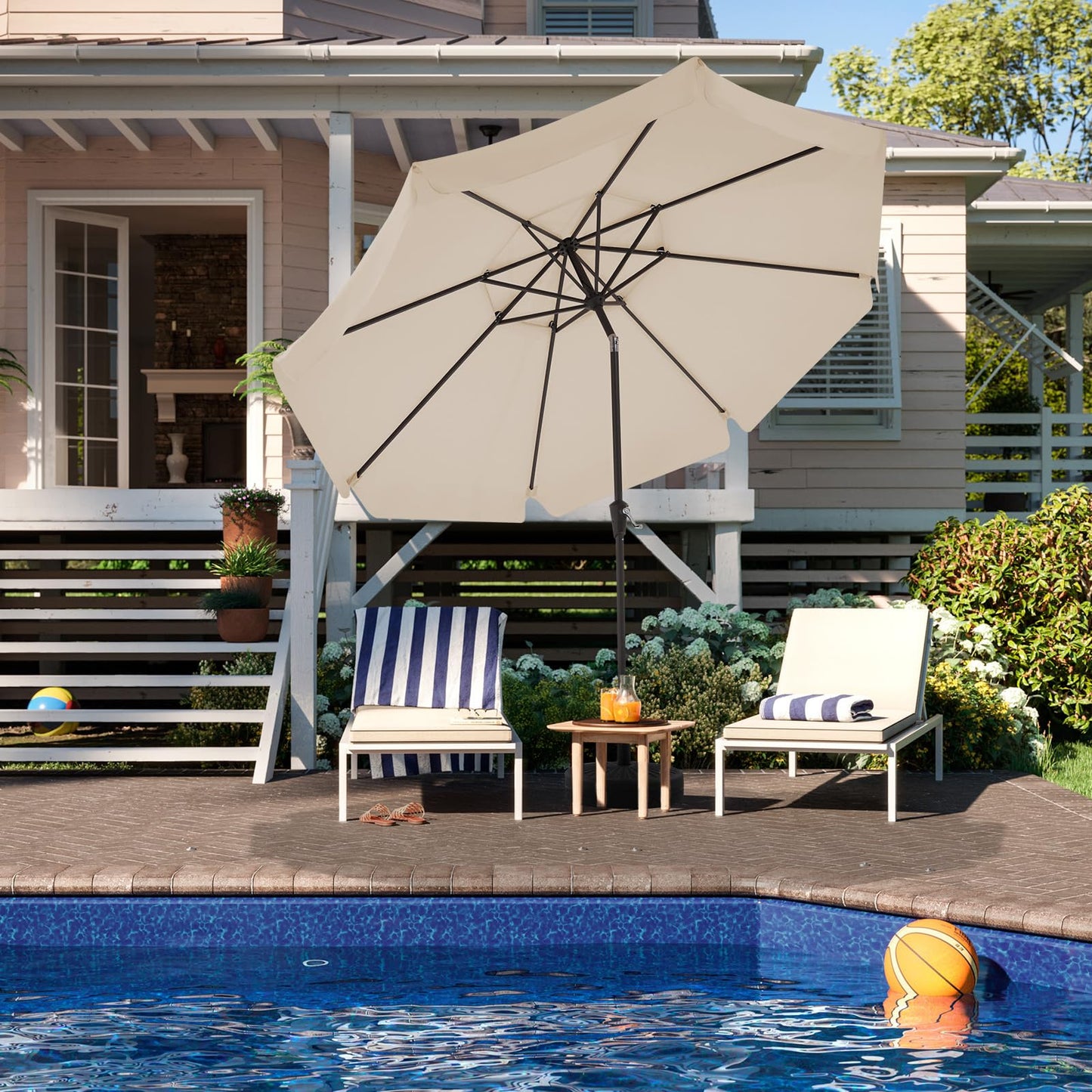JEAREY 9' 2-Tiers Patio Umbrellas Outdoor Market Table Umbrella w/Push Button Tilt/Crank, 8 Sturdy Ribs, UV Protection Waterproof Sunproof(Beige)