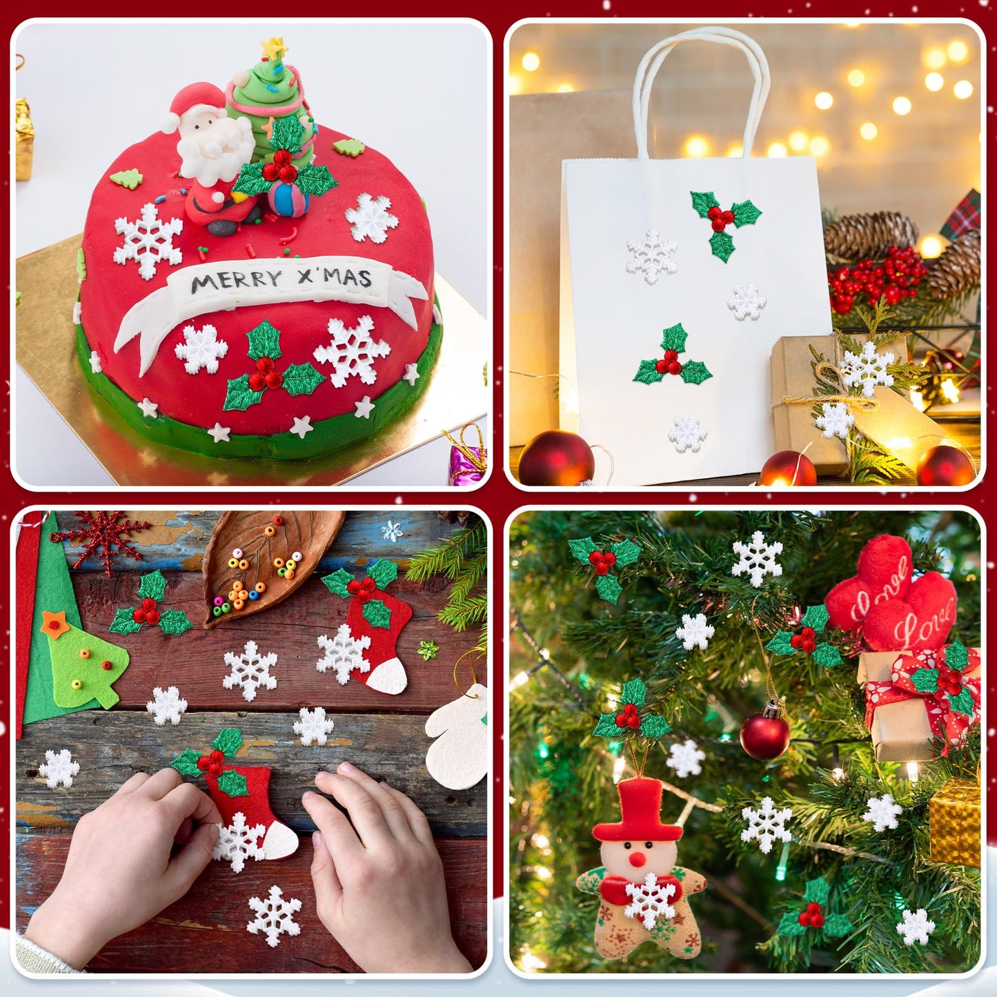 Wenqik 300 Pcs Mini Resin Snowflakes Holly Green Leaves Decors and Berries Charms for Xmas Craft, Glitter Tiny Snowflake Buttons with Berries Embellishments for Card Gift Xmas Holiday Party Supplies