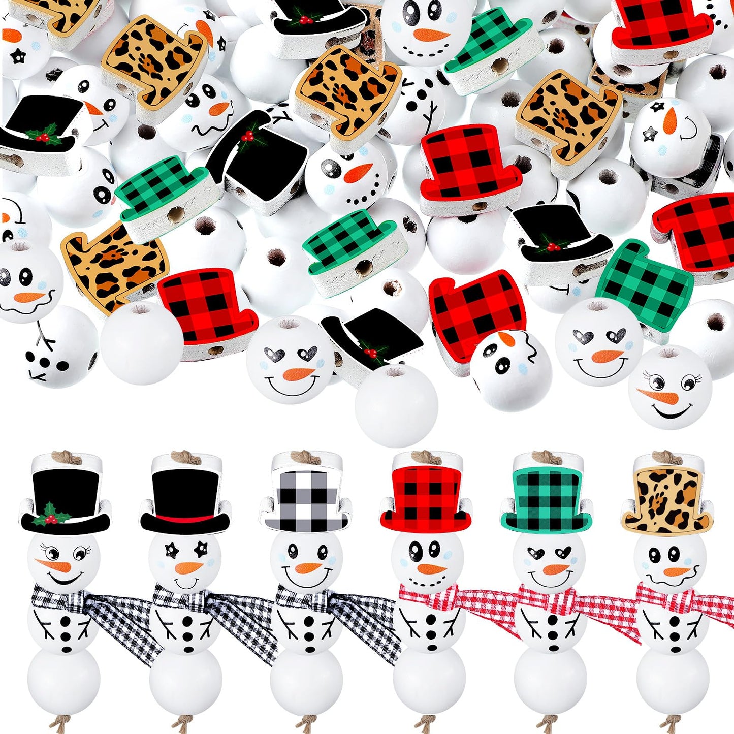 336 Pcs Christmas Snowman Wood Beads Winter Snowman Wooden Beads for Craft Snowman Themed Craft Beads with Rope Ribbon for Jewelry Making DIY Craft Supplies Home Decor