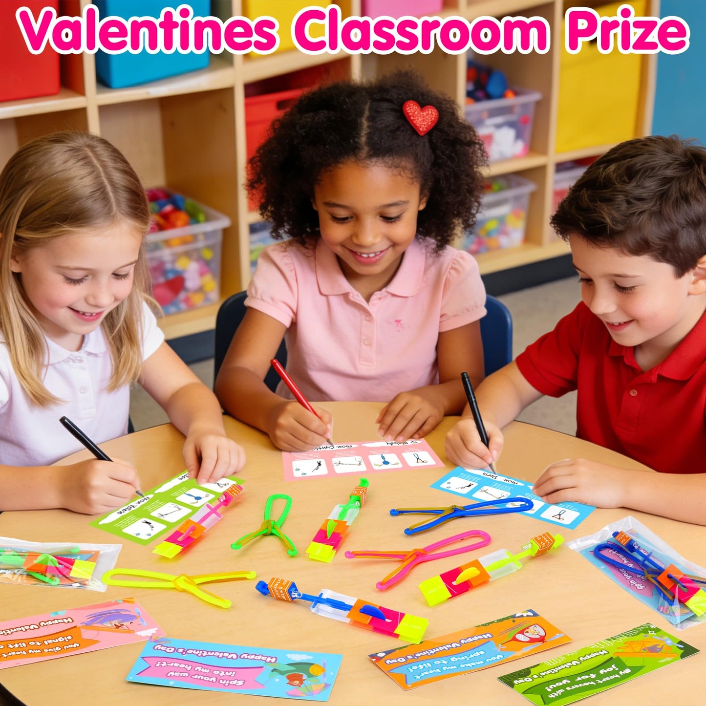 27 PCS LED Flying Toys Valentines Day Cards for Kids School Valentine Cards for Kids Classroom Exchange Gifts for Toddler Boys Girls Glow Helicopter Slingshot Bulk Goodie Bags Stuffers Party Favors